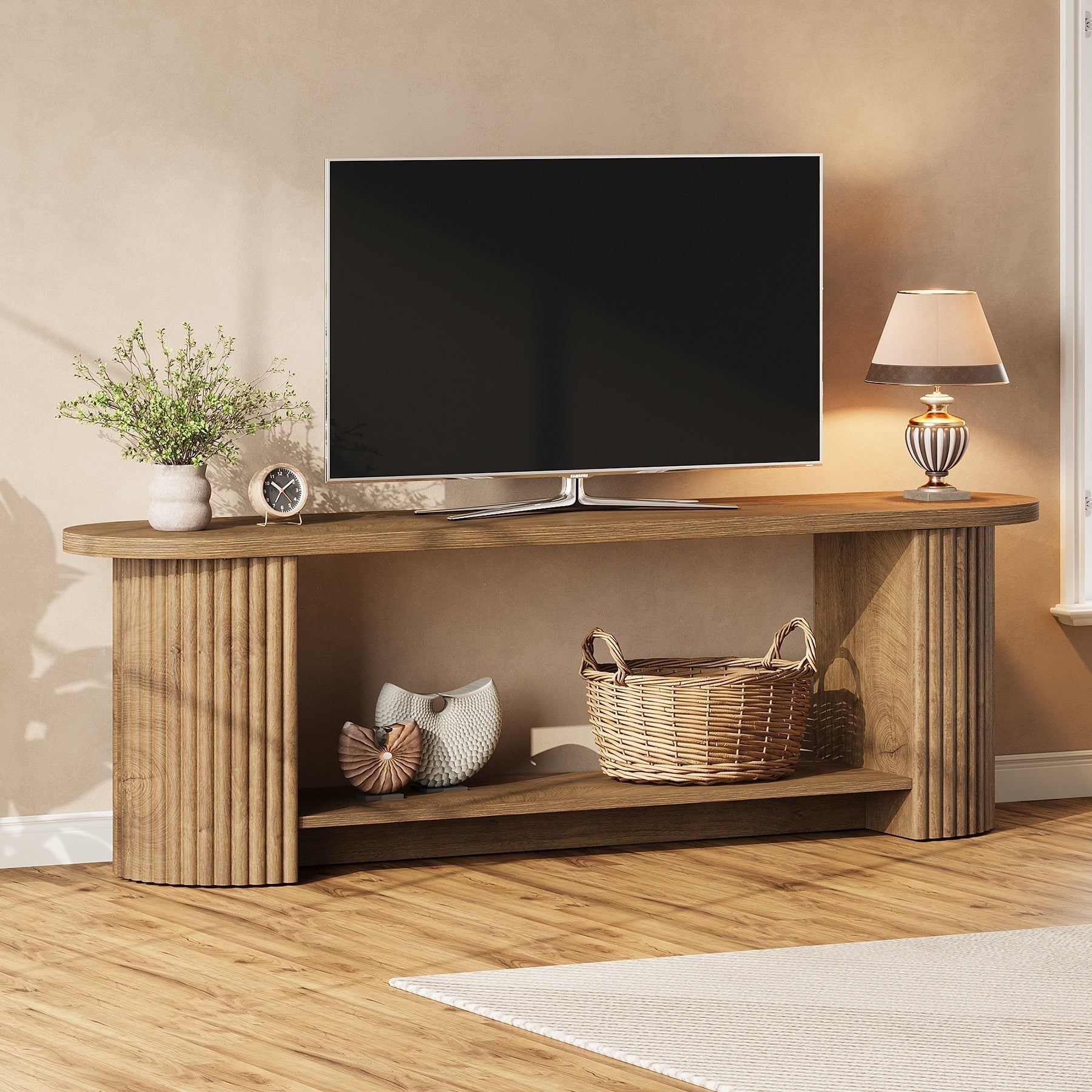 Tribesigns Meuble TV de 160 cm avec design côtelé et étagère de rangement, Meuble multimédia rustique pour salon et chambre
