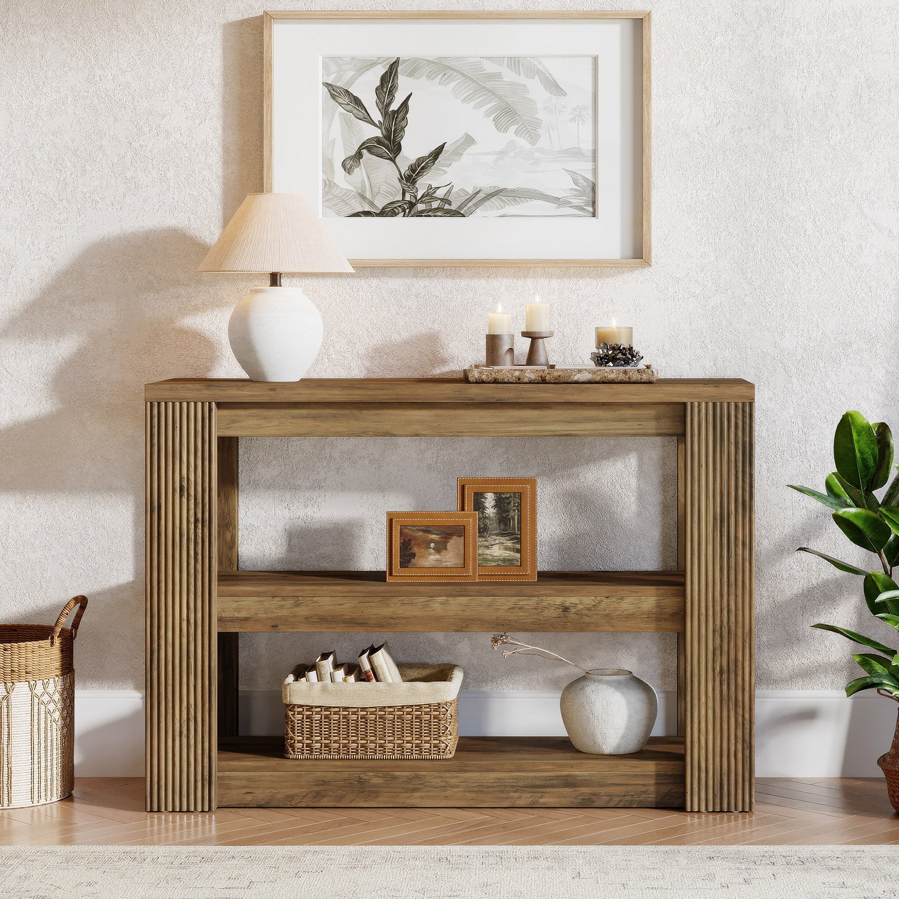 Tribesigns Console étroite 105 cm, Table basse de style campagnard à 3 niveaux avec étagères
