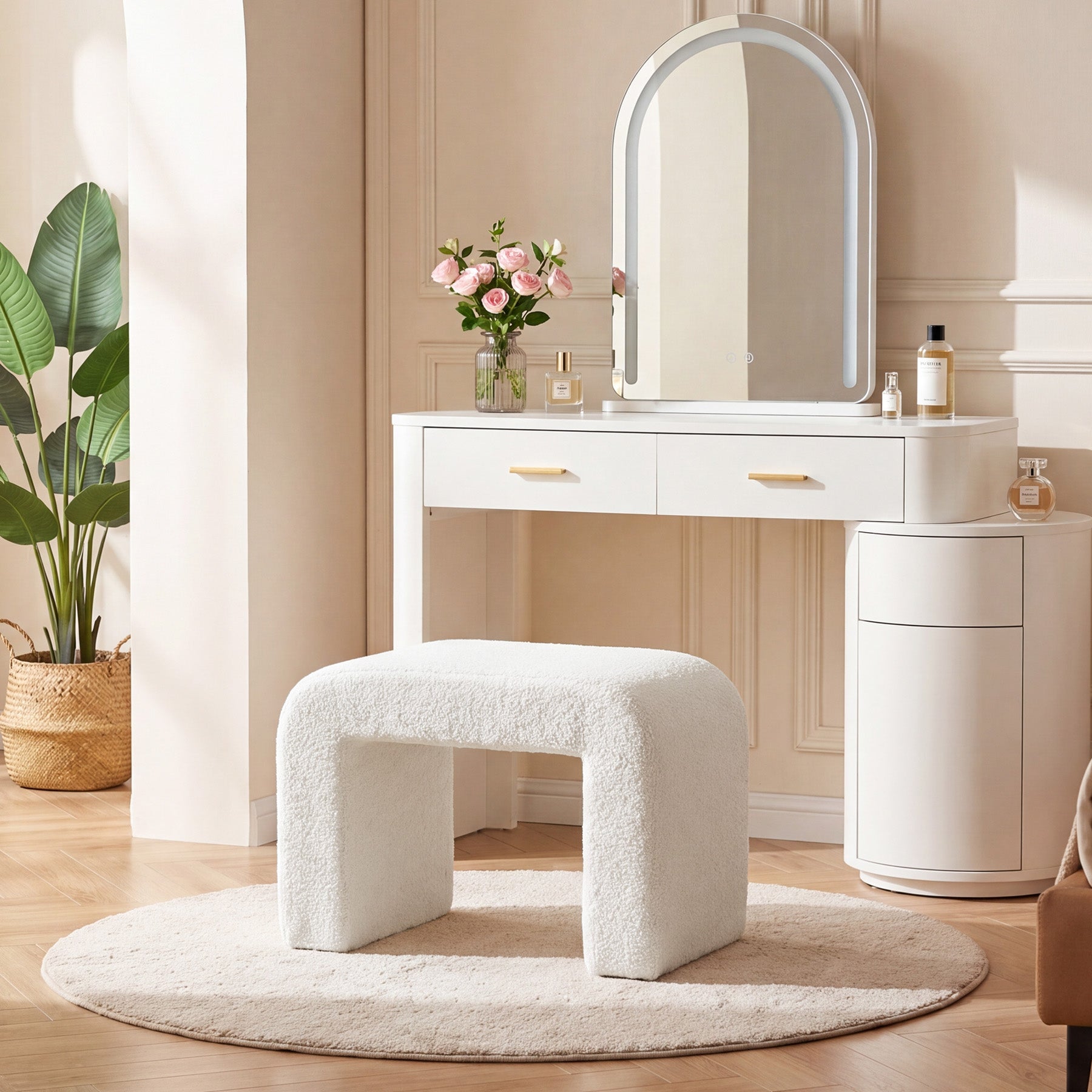 Tribesigns Pouf Rembourré en Sherpa, Tabouret de Coiffeuse Moderne en Tissu Bouclé