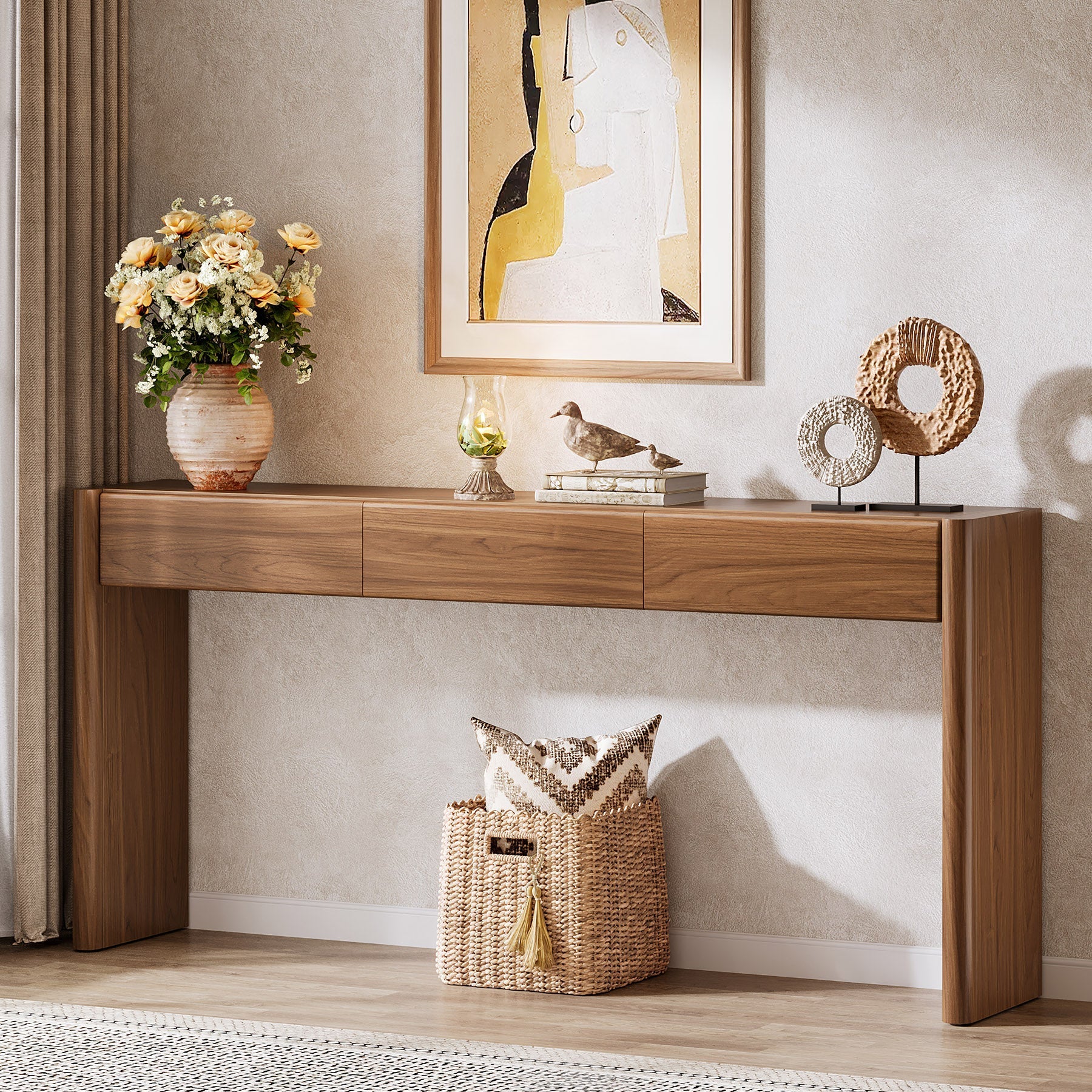 Tribesigns Console de 180 cm avec 3 tiroirs, Table d'entrée étroite marron vintage Table basse en bois avec étagère