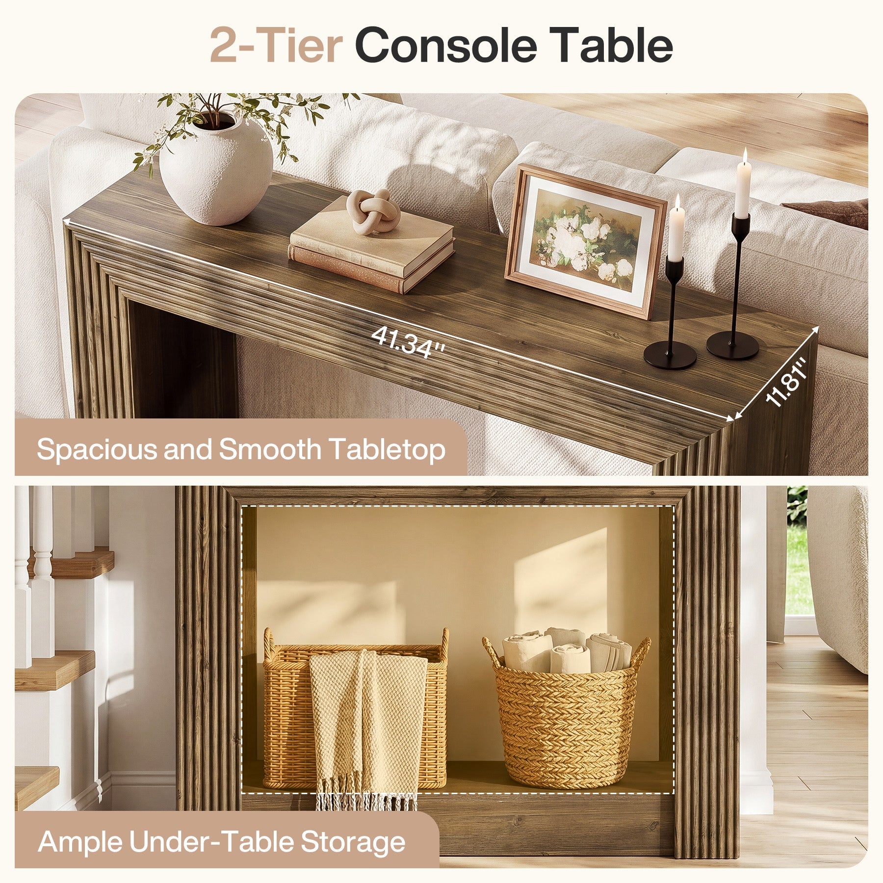 Tribesigns Console Rustique de 105 cm, Table de Canapé à 2 Niveaux avec Rangement