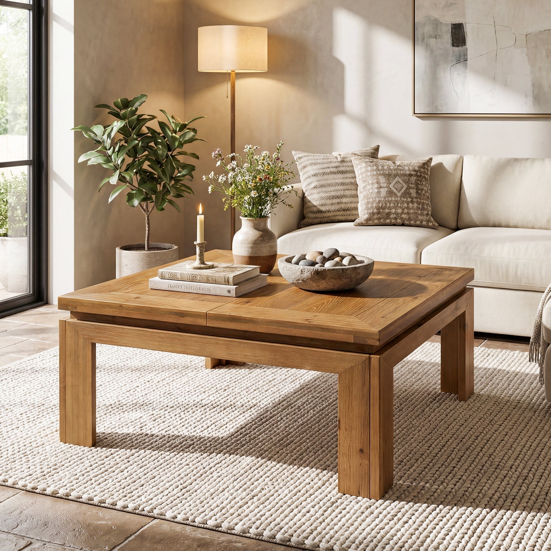 Tribesigns Table basse carrée en bois massif 100 x 100 x 46 cm avec bord en retrait, Style rustique, idéale pour le salon