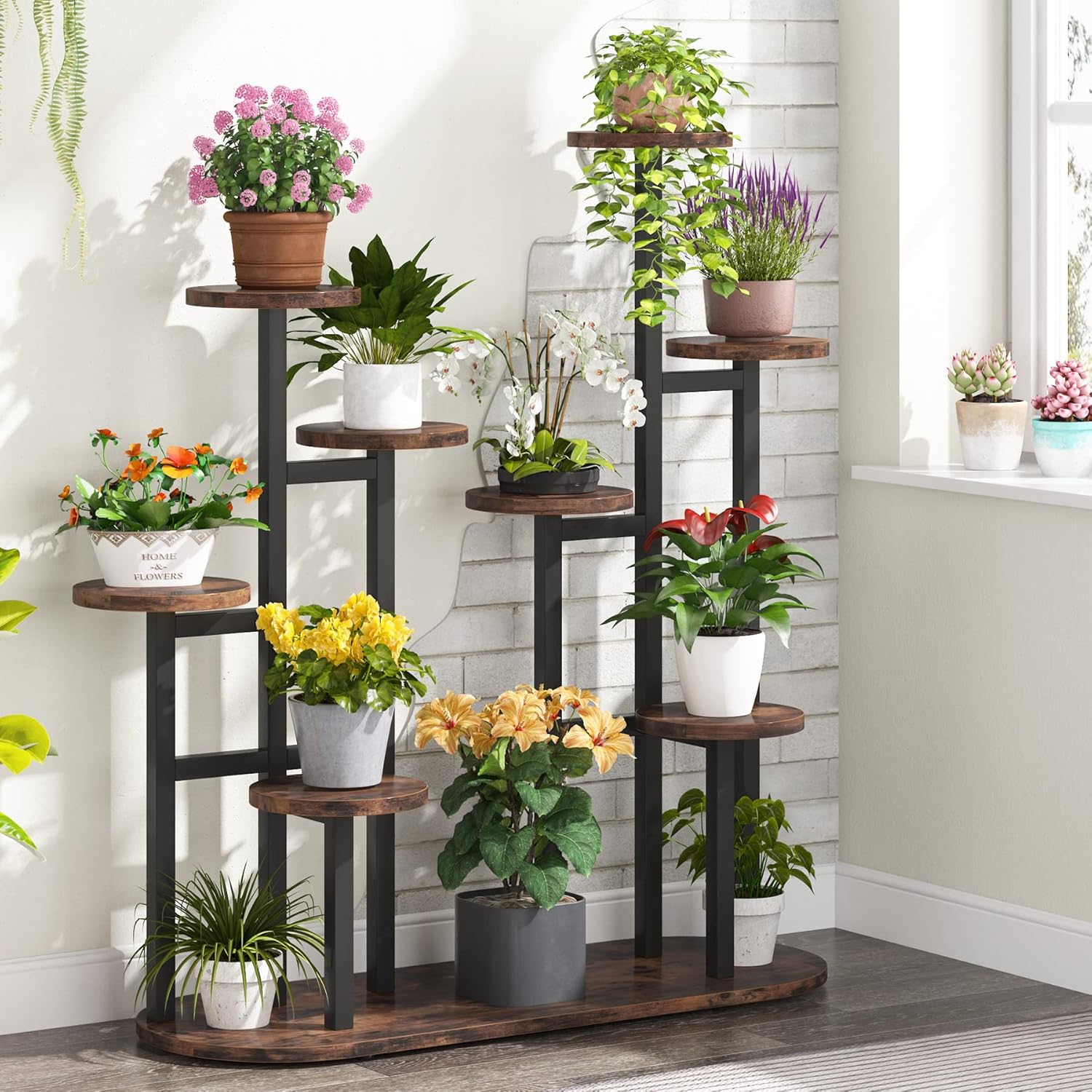 Étagère à Plantes Multifonction, Support pour 11 Pots de Jardinage Rustique