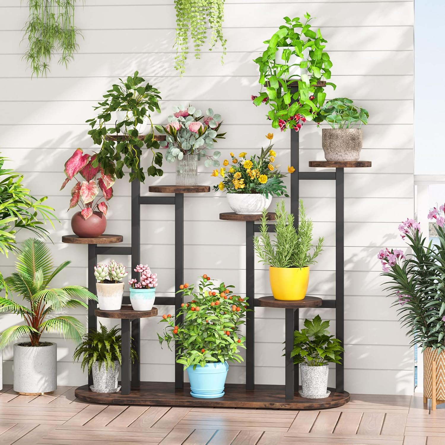 Étagère à Plantes Multifonction, Support pour 11 Pots de Jardinage Rustique