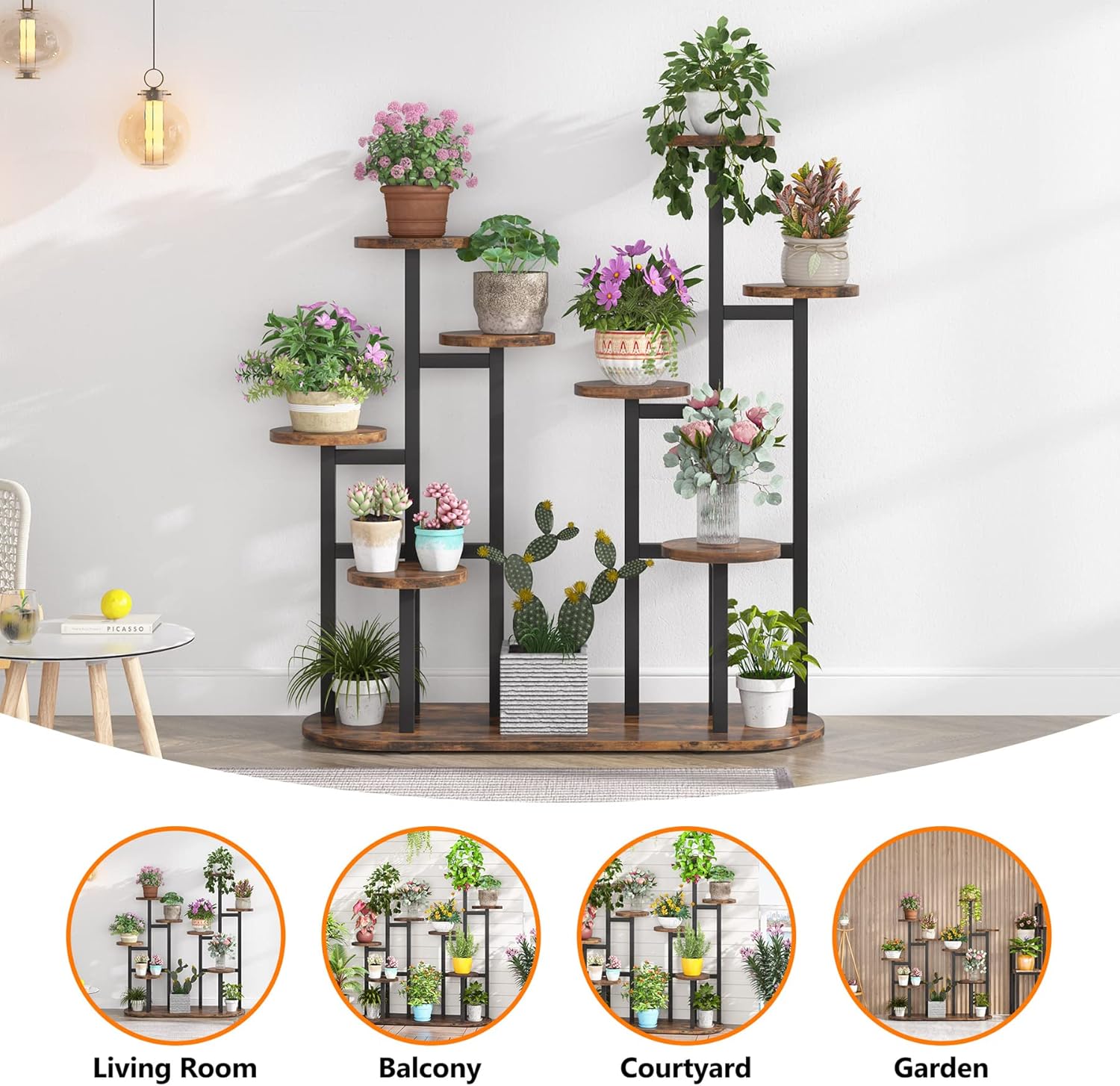 Étagère à Plantes Multifonction, Support pour 11 Pots de Jardinage Rustique