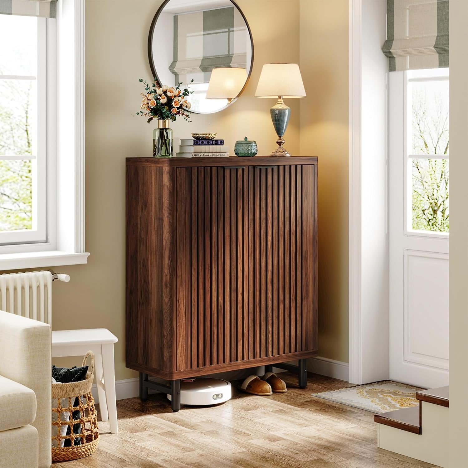 Tribesigns Armoire à Chaussures à 6 Niveaux avec Portes à persiennes, Grande Armoire de Rangement à Chaussures en Bois avec étagères réglables
