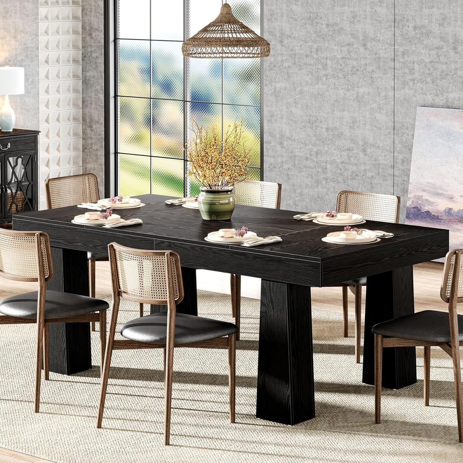 Tribesigns Table à manger 160 cm, Table de cuisine rectangulaire moderne avec pieds coniques renforcés en noir