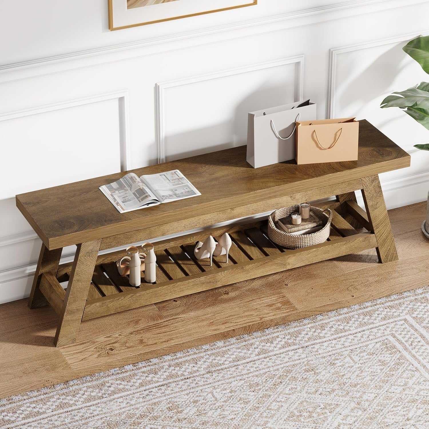 Tribesigns Banc de rangement 140 cm en bois de noyer clair pour chambre à coucher