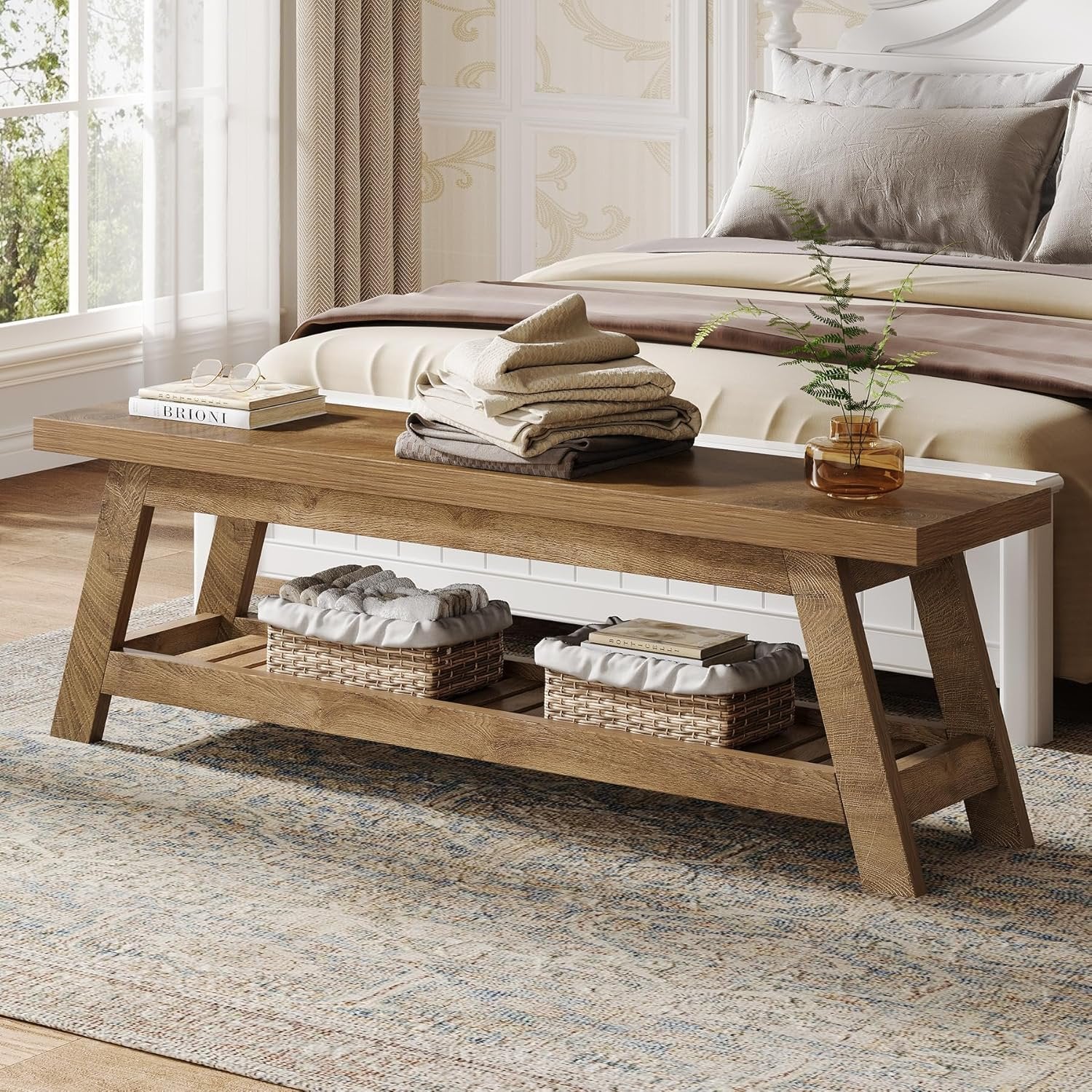 Tribesigns Banc de rangement 140 cm en bois de noyer clair pour chambre à coucher