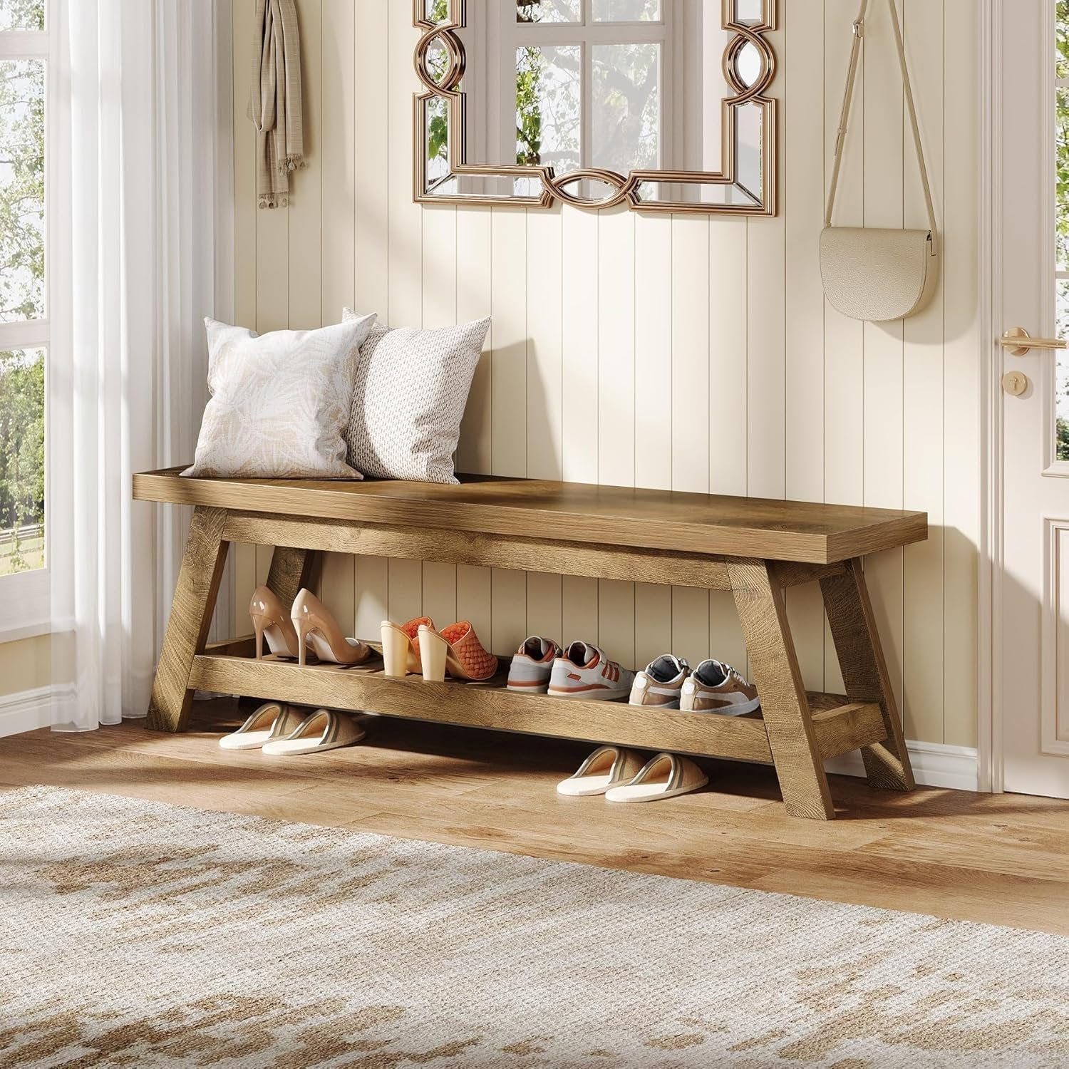 Tribesigns Banc de rangement 140 cm en bois de noyer clair pour chambre à coucher