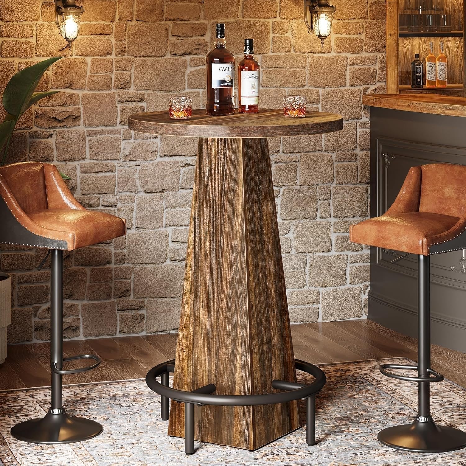 Tribesigns Ronde bartafel 95 cm hoog, Houten bistro/pubtafel met metalen ringvormige voetensteun voor café, cocktail