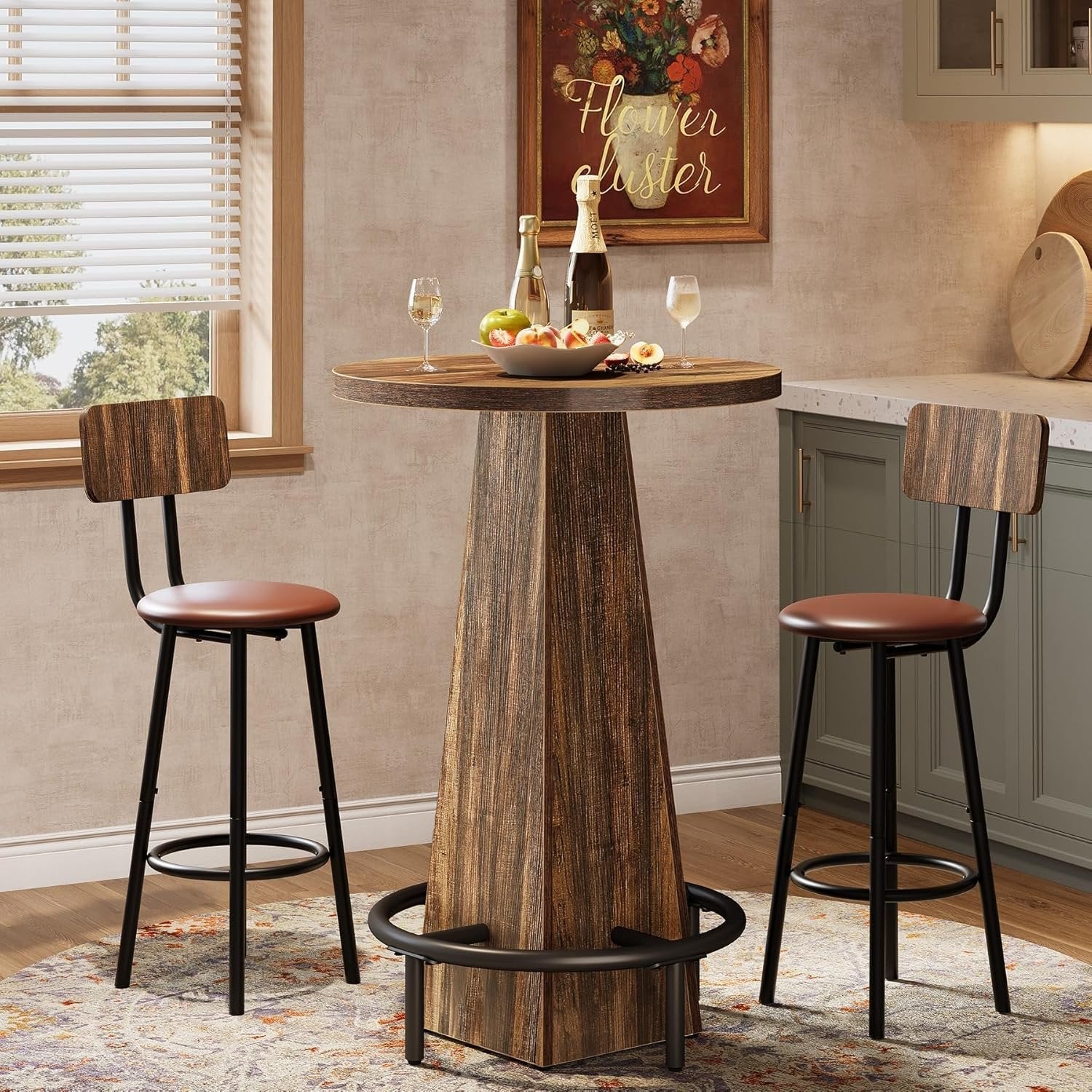 Tribesigns Ronde bartafel 95 cm hoog, Houten bistro/pubtafel met metalen ringvormige voetensteun voor café, cocktail