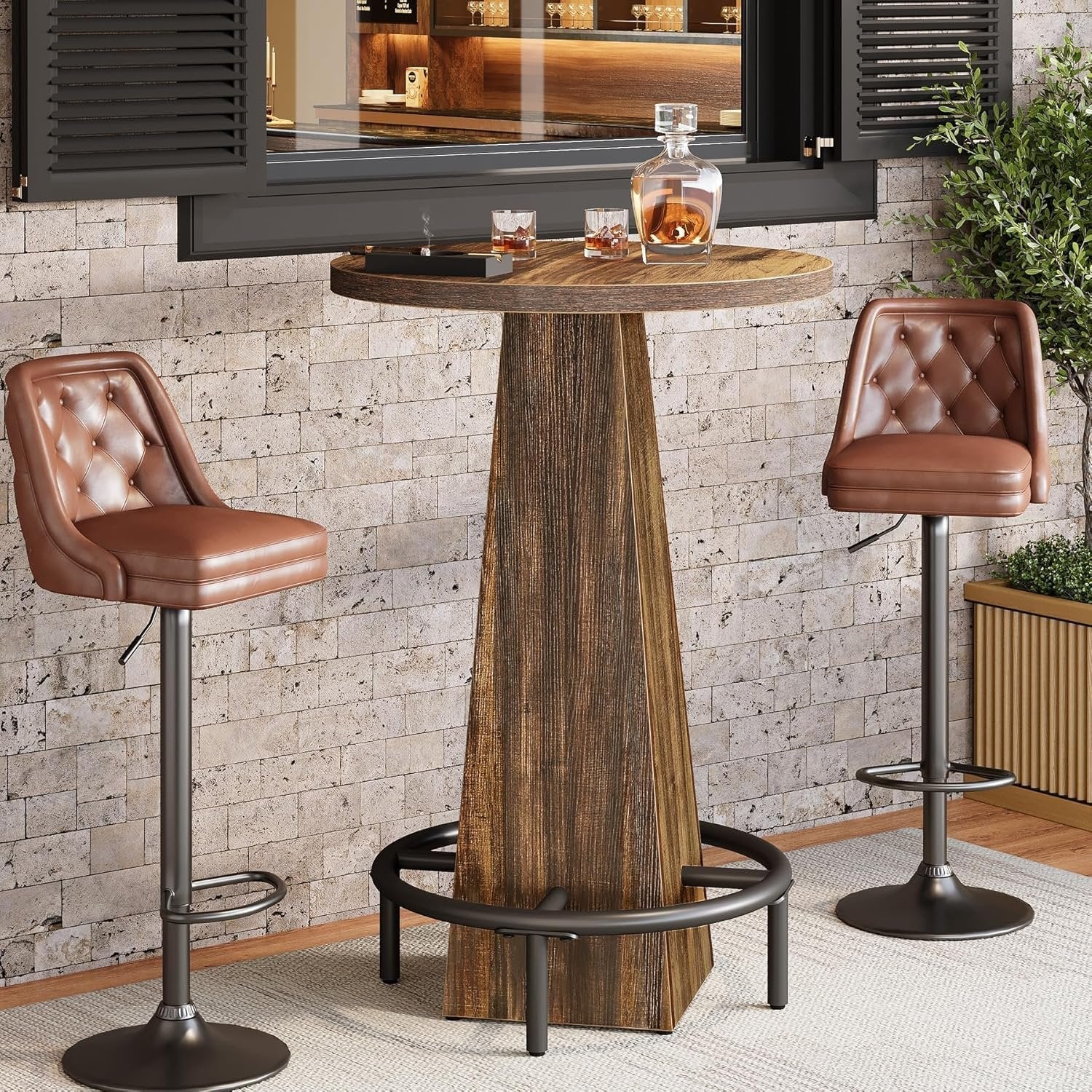 Tribesigns Ronde bartafel 95 cm hoog, Houten bistro/pubtafel met metalen ringvormige voetensteun voor café, cocktail