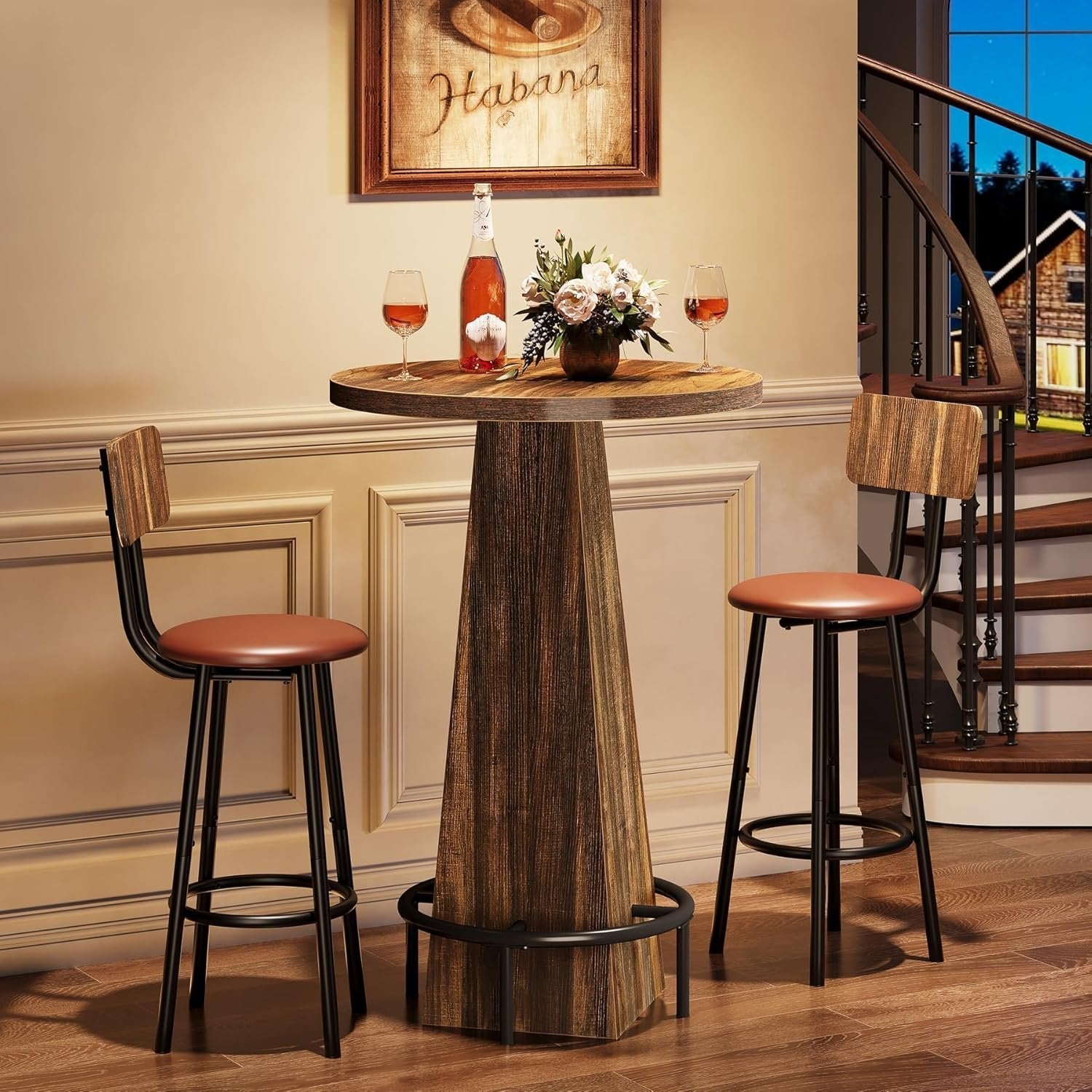 Tribesigns Ronde bartafel 95 cm hoog, Houten bistro/pubtafel met metalen ringvormige voetensteun voor café, cocktail