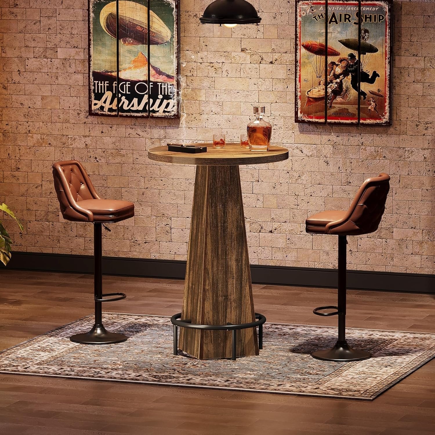 Tribesigns Ronde bartafel 95 cm hoog, Houten bistro/pubtafel met metalen ringvormige voetensteun voor café, cocktail
