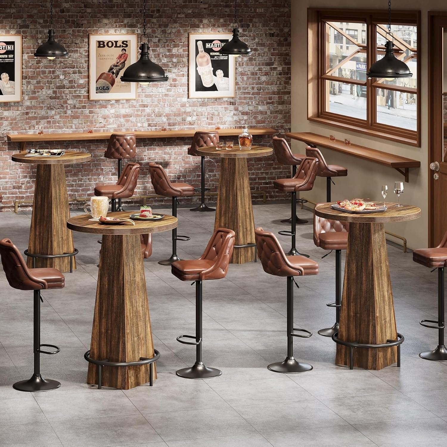 Tribesigns Ronde bartafel 95 cm hoog, Houten bistro/pubtafel met metalen ringvormige voetensteun voor café, cocktail