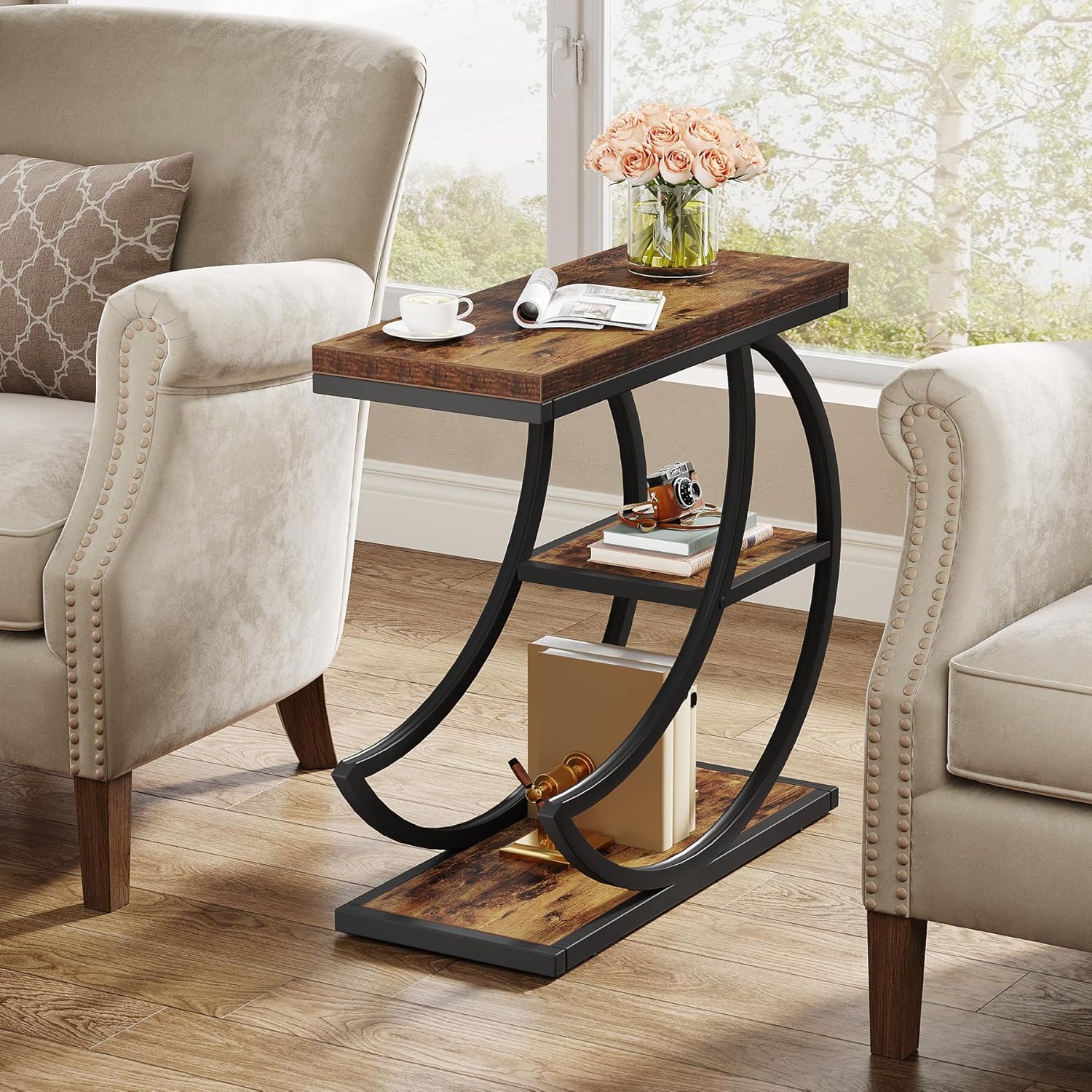 Tribesigns Petite table d'appoint en forme de lune en métal, Table de chevet étroite en bois