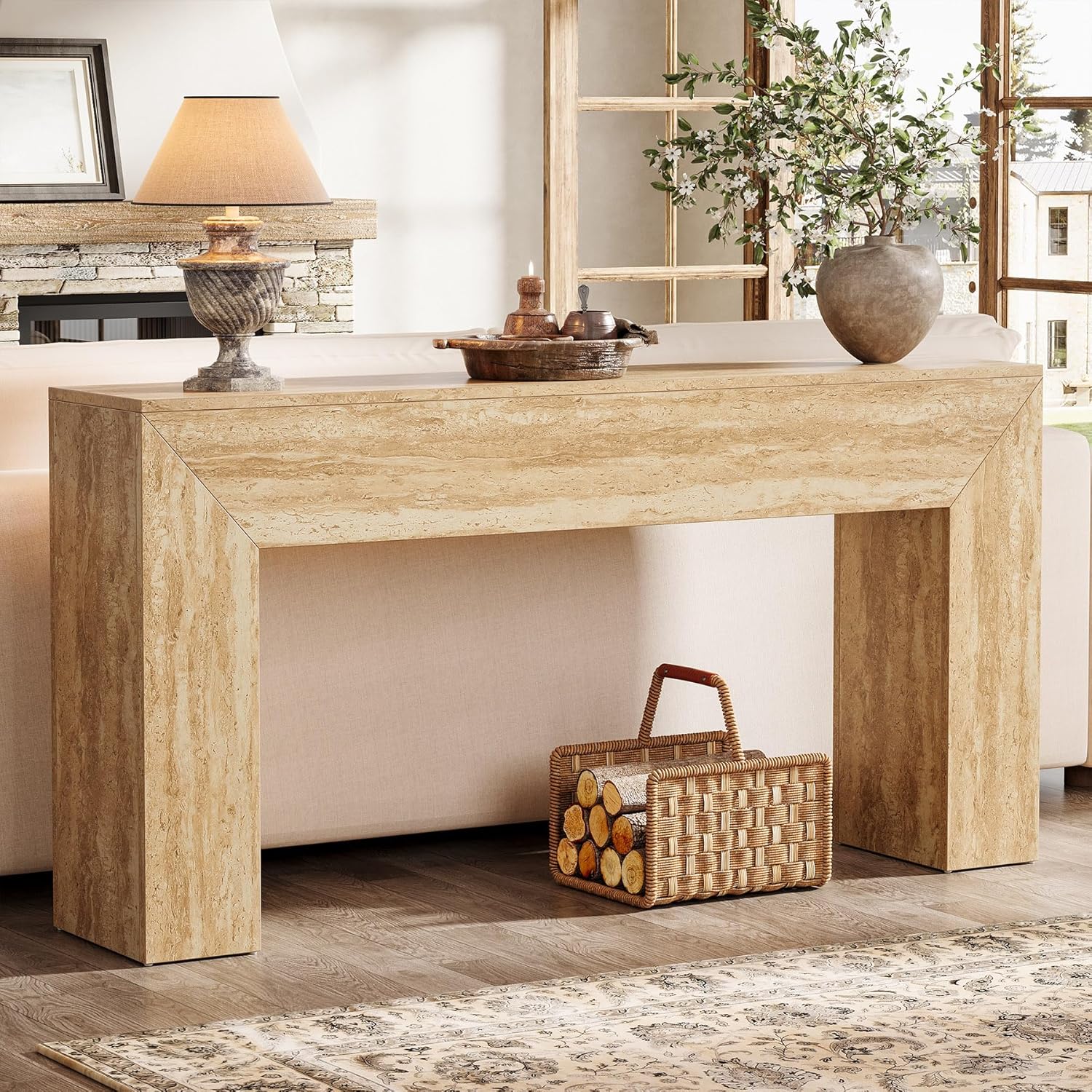 Salontafel 160 cm met travertijnlook, Smalle consoletafel voor hal en woonkamer met stabiele structuur