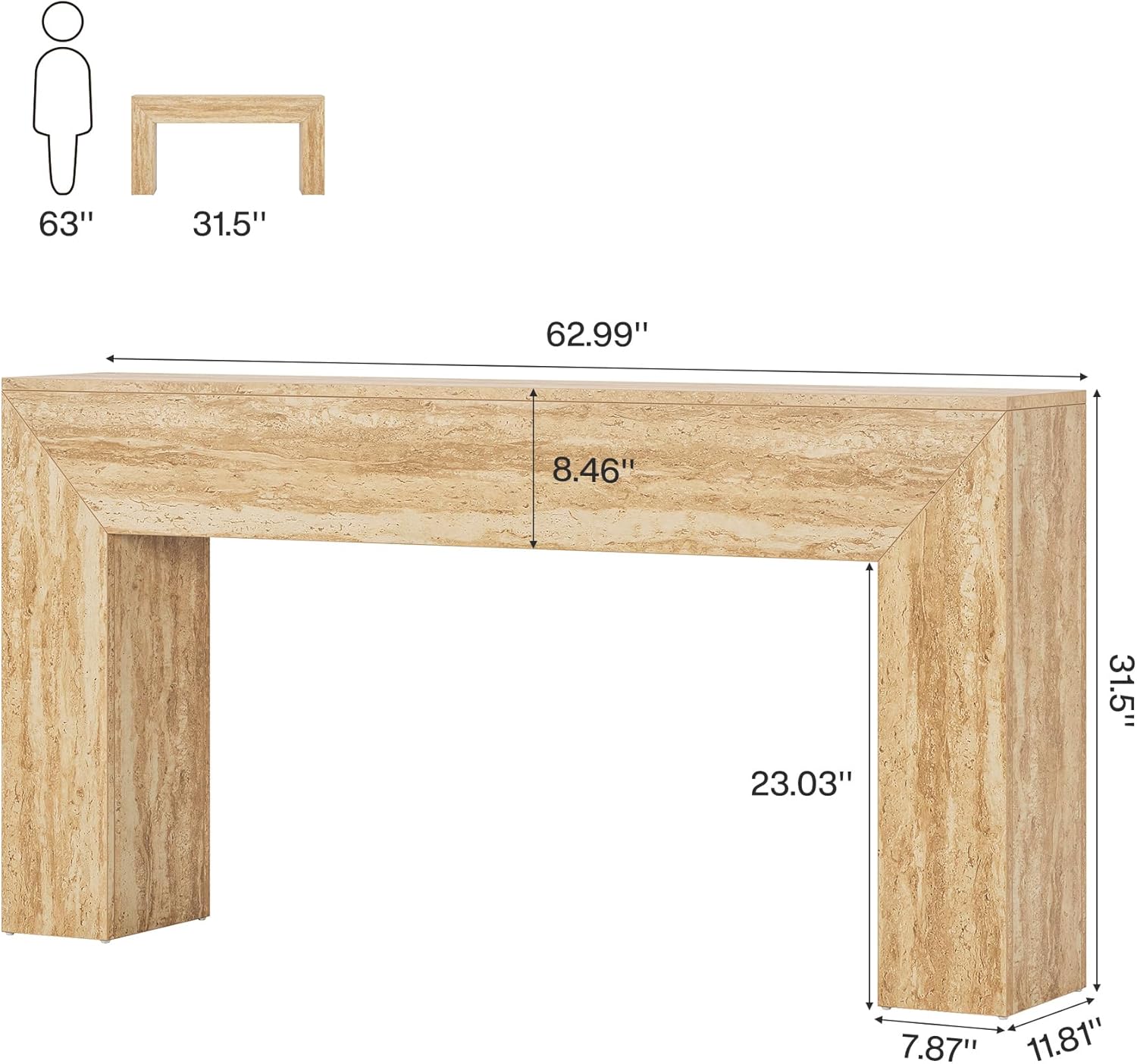 Salontafel 160 cm met travertijnlook, Smalle consoletafel voor hal en woonkamer met stabiele structuur