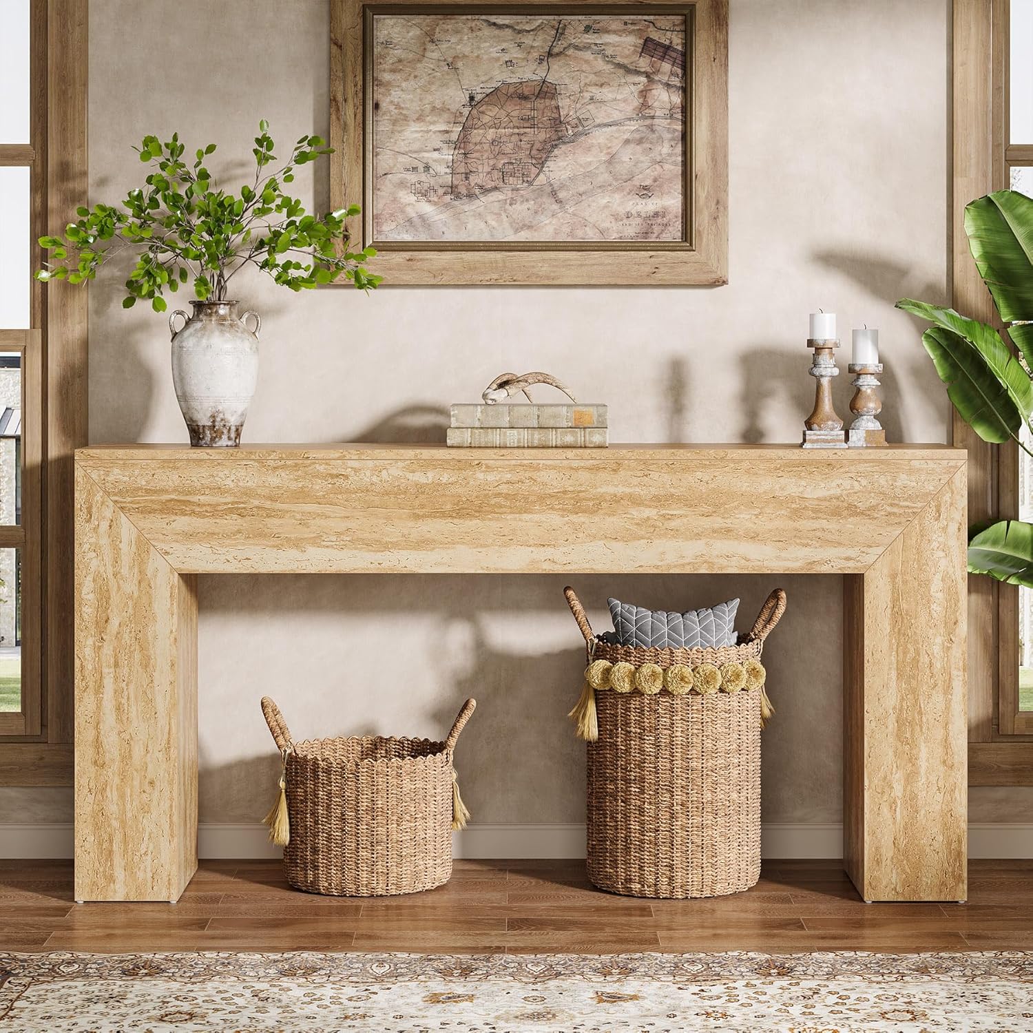 Salontafel 160 cm met travertijnlook, Smalle consoletafel voor hal en woonkamer met stabiele structuur