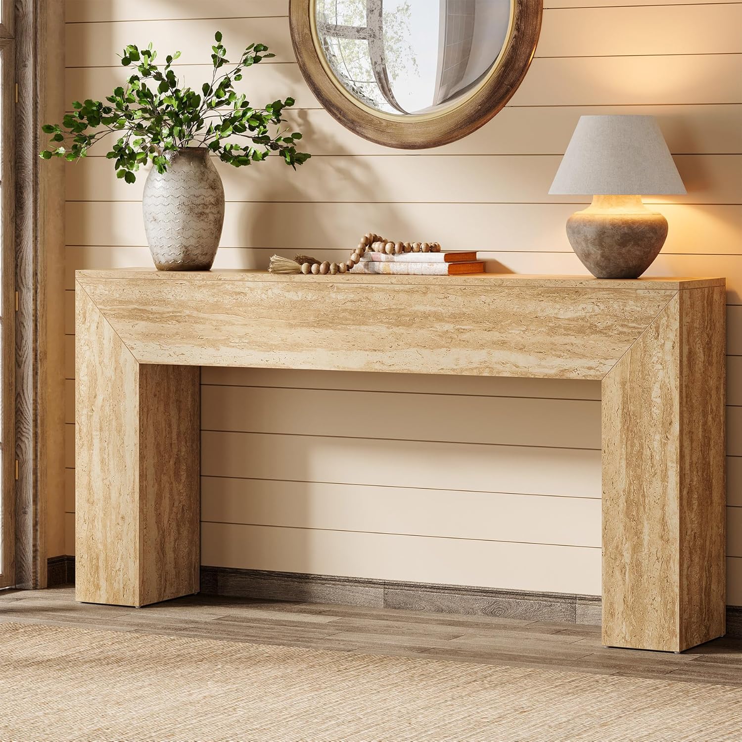 Salontafel 160 cm met travertijnlook, Smalle consoletafel voor hal en woonkamer met stabiele structuur