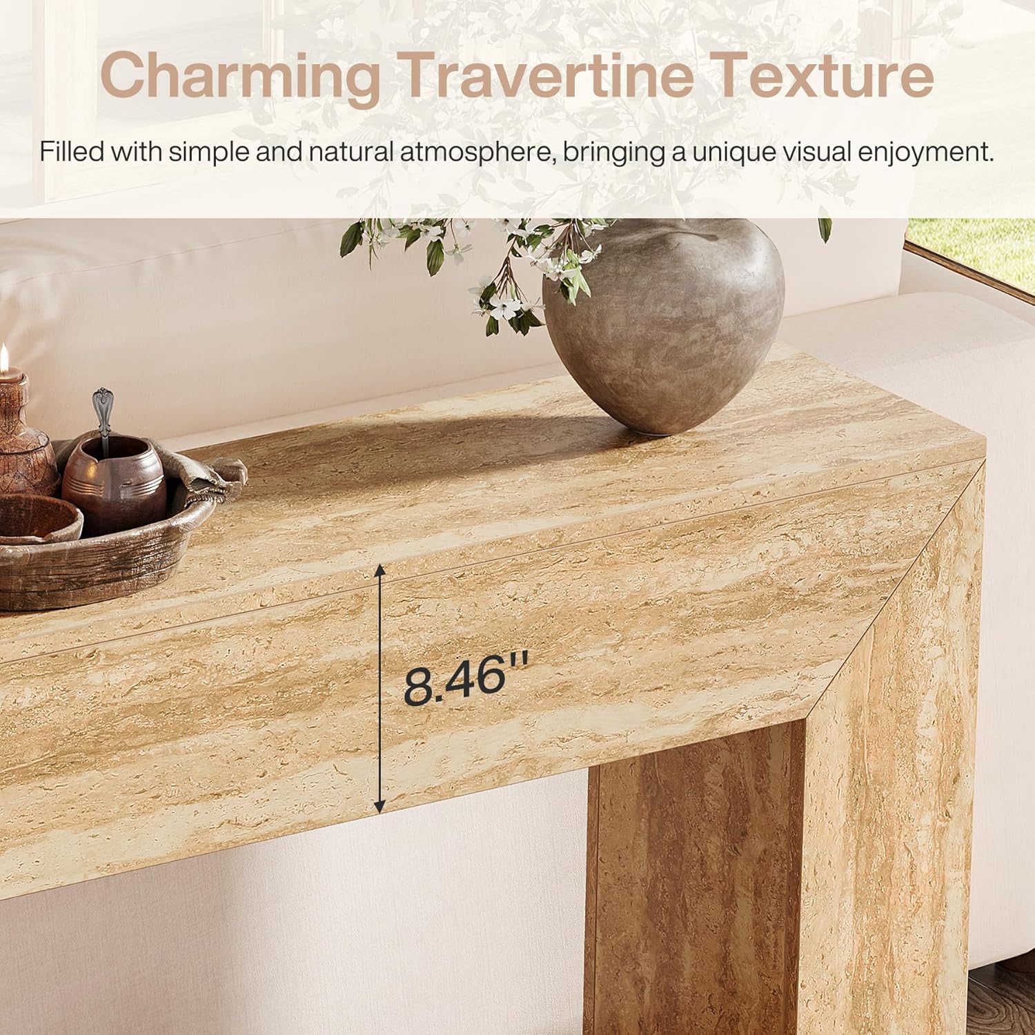 Salontafel 160 cm met travertijnlook, Smalle consoletafel voor hal en woonkamer met stabiele structuur