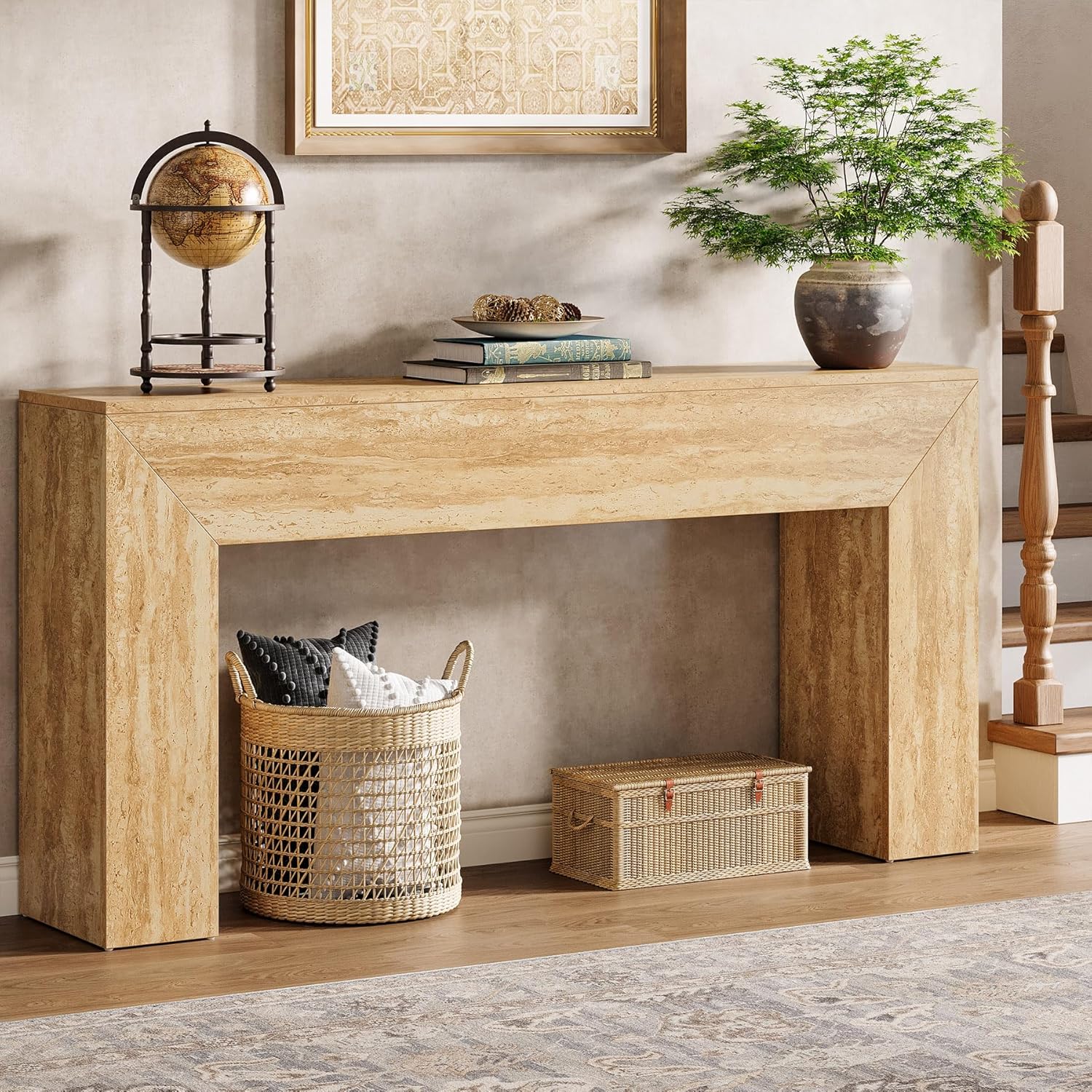 Salontafel 160 cm met travertijnlook, Smalle consoletafel voor hal en woonkamer met stabiele structuur