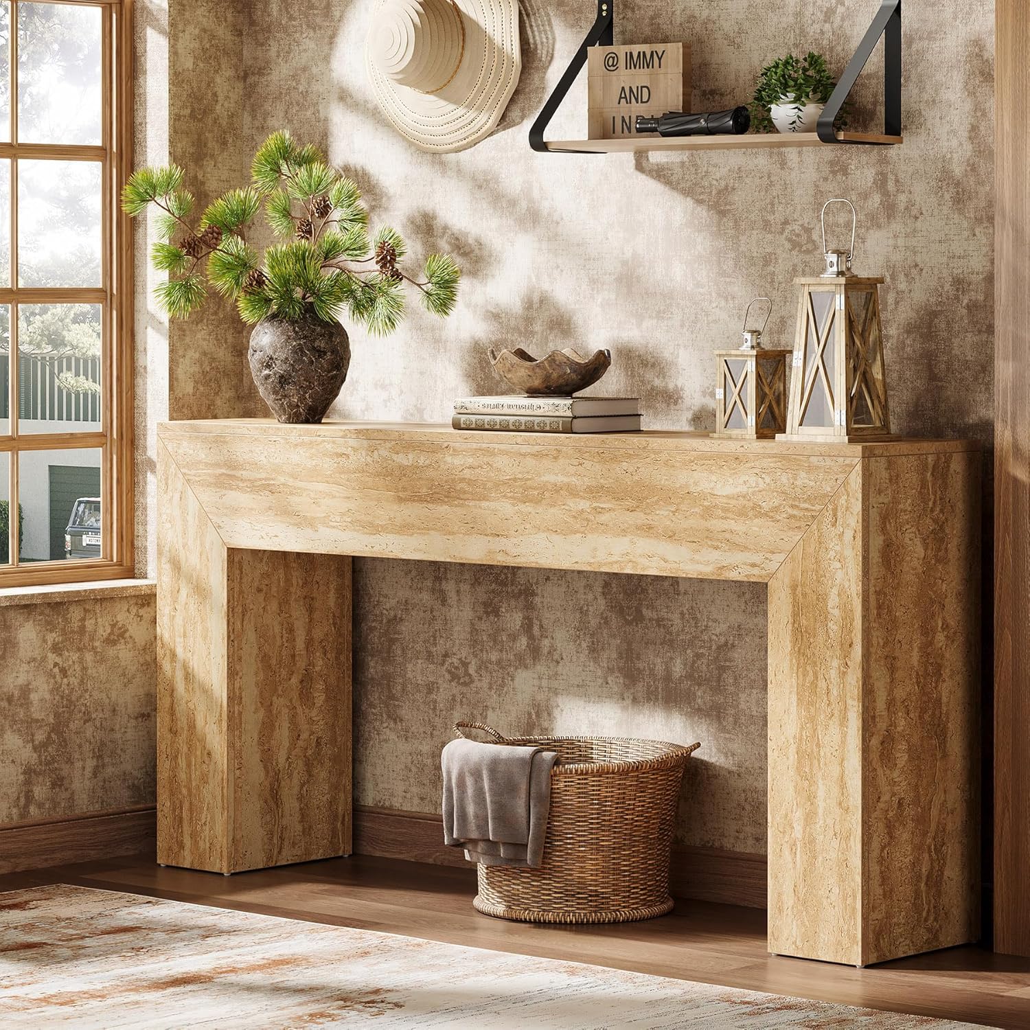 Salontafel 160 cm met travertijnlook, Smalle consoletafel voor hal en woonkamer met stabiele structuur