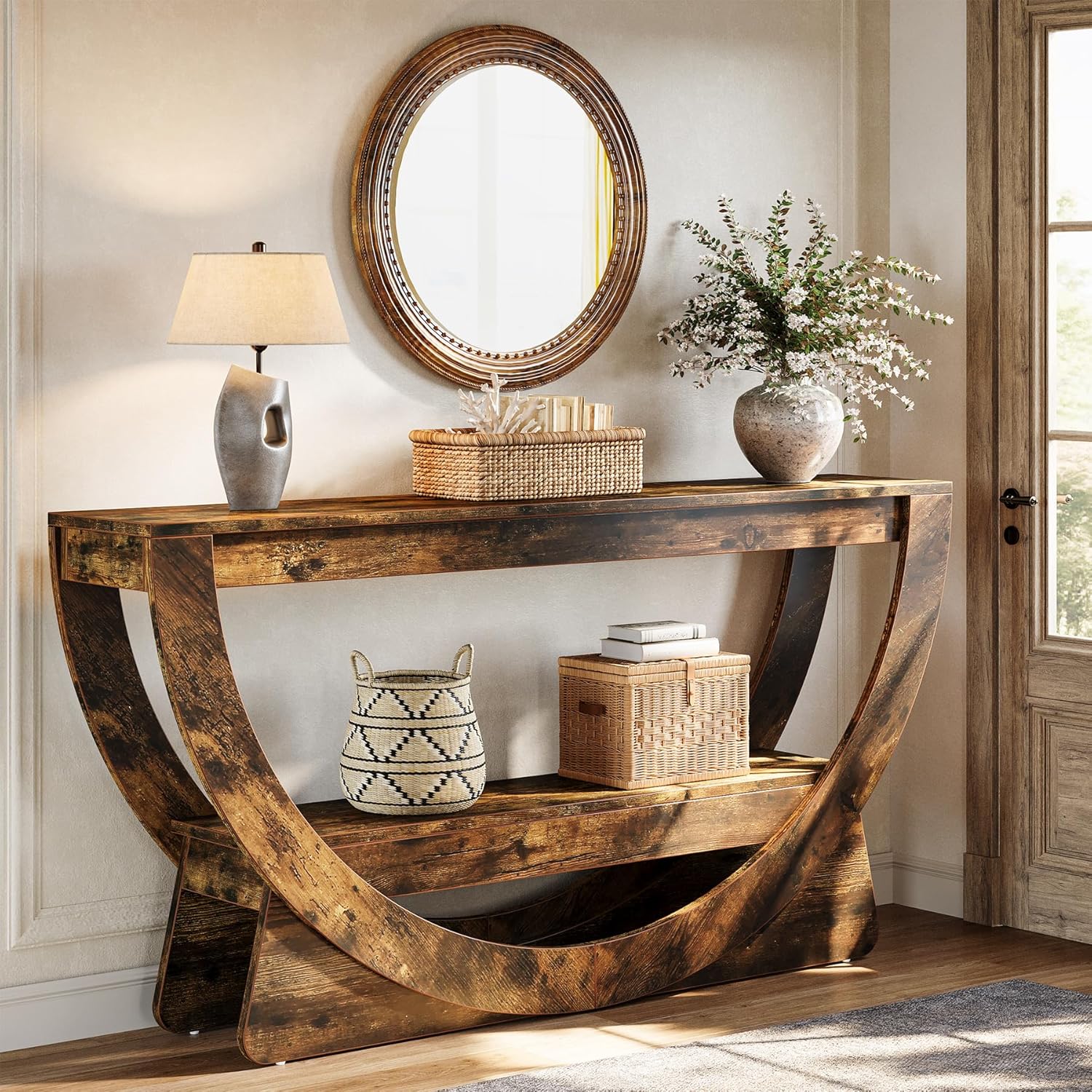 Tribesigns Consoletafel 160 cm, Industriële Haltafel met Twee Lades en Opbergplanken