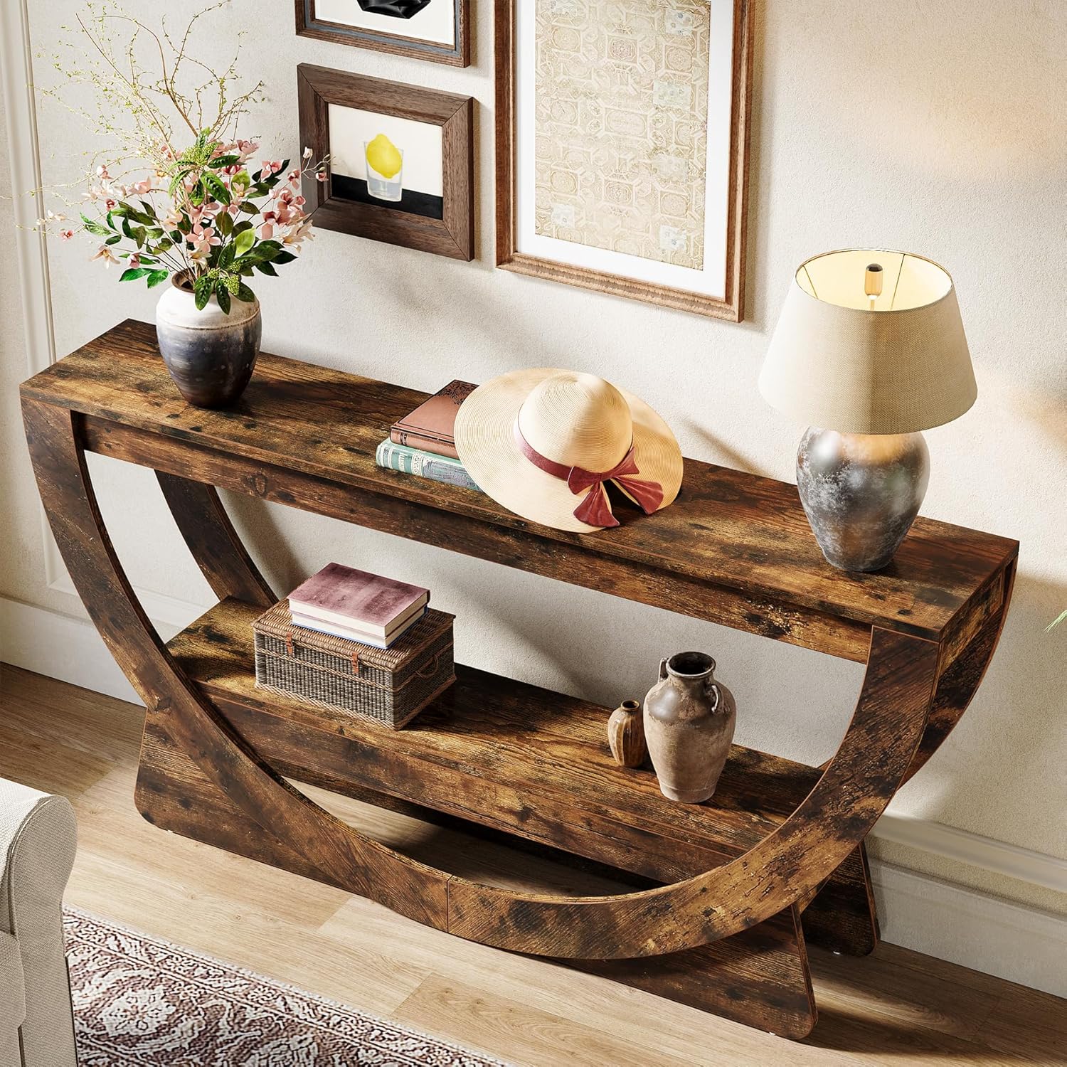 Tribesigns Consoletafel 160 cm, Industriële Haltafel met Twee Lades en Opbergplanken