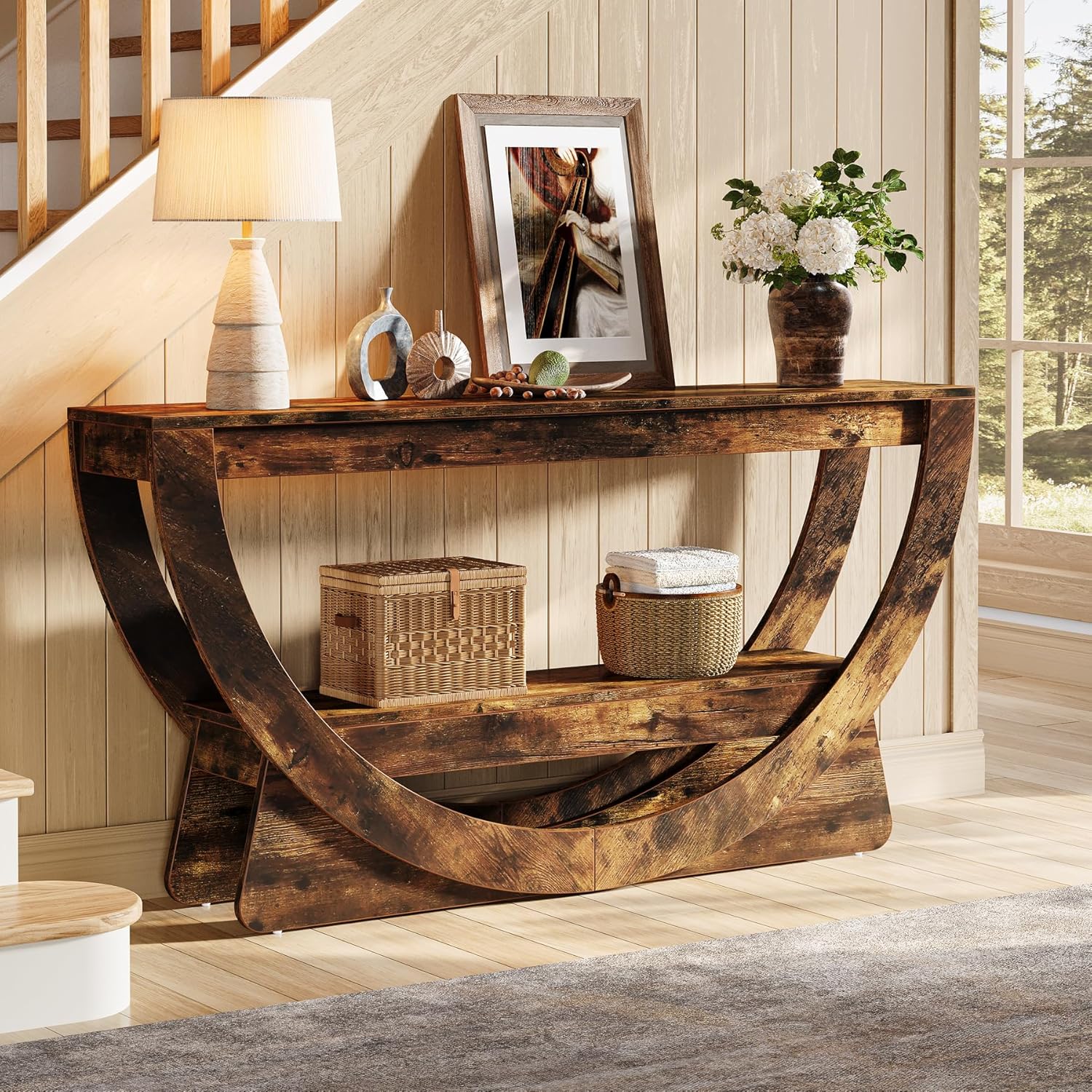 Tribesigns Consoletafel 160 cm, Industriële Haltafel met Twee Lades en Opbergplanken
