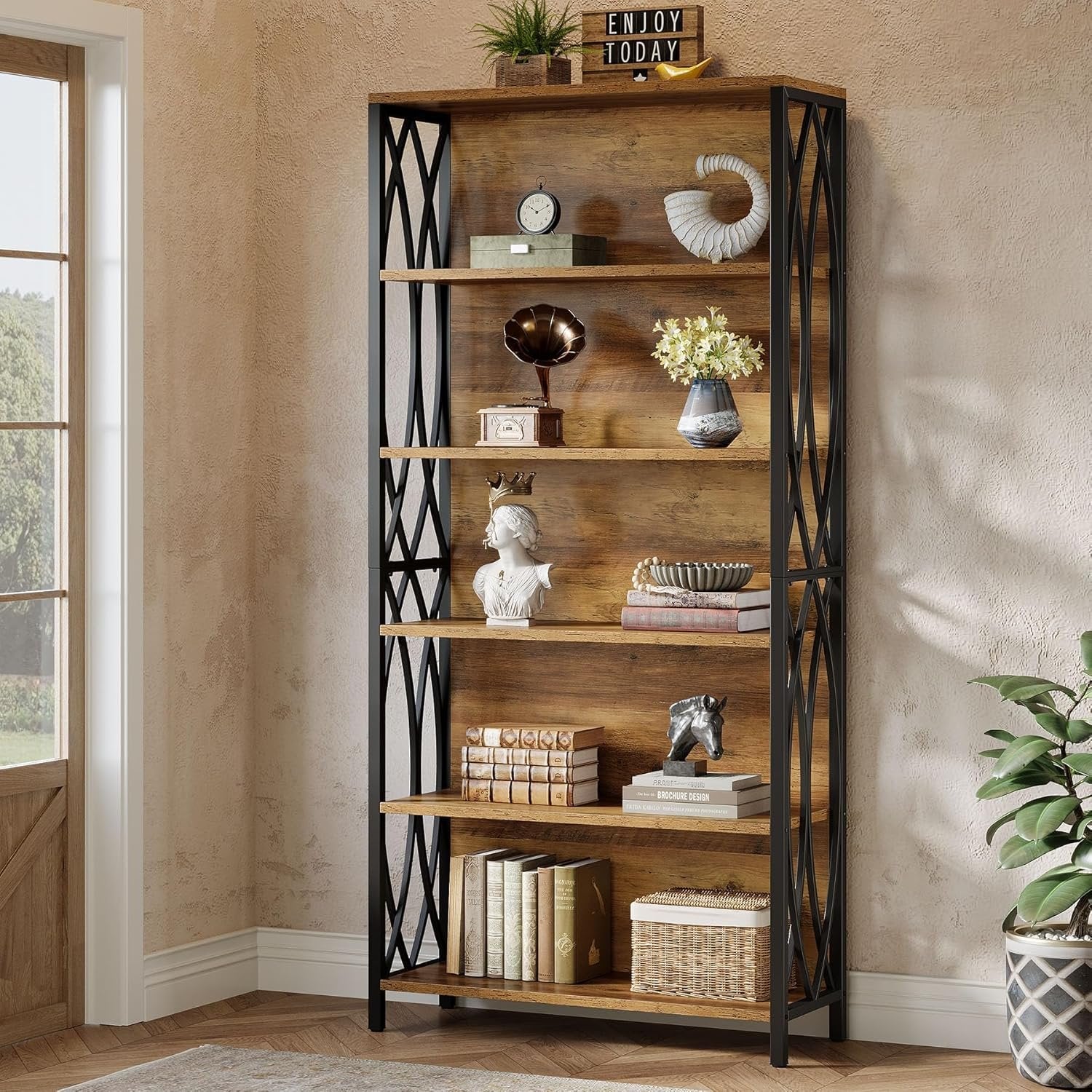 Tribesigns 180 cm Hoge Boekenkast, Industriële Boekenkast met 6 Planken en Geometrisch Metalen Frame