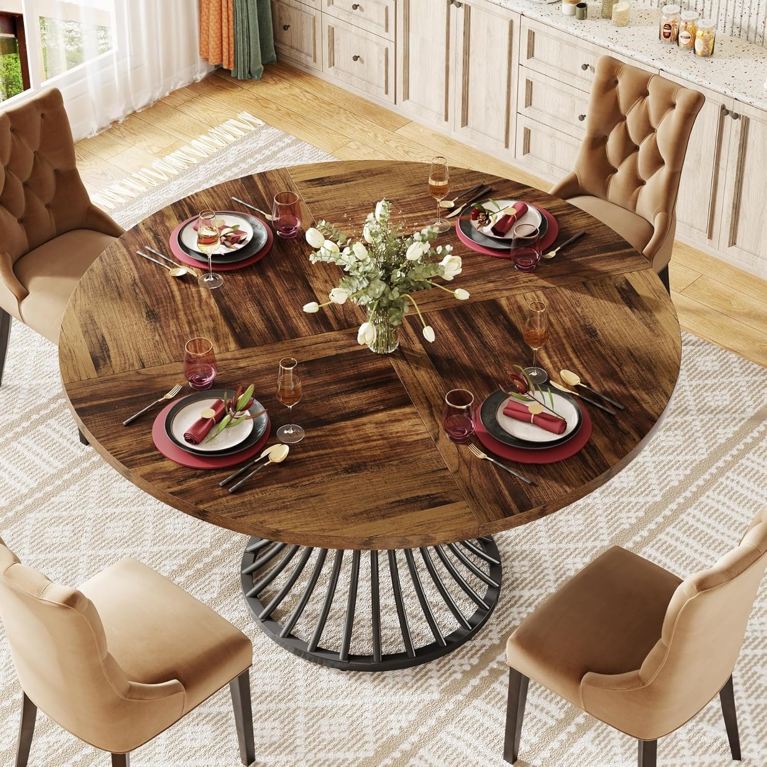 Tribesigns Table de salle à manger ronde pour 4 à 6 personnes, Table de cuisine ronde avec pied en métal pour cuisine