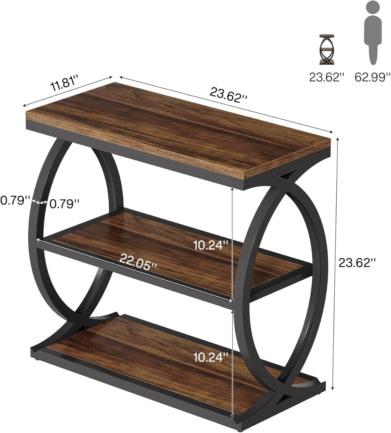 Tribesigns Table d'appoint étroite à 3 niveaux, Table d'appoint industrielle en bois avec cadre en métal