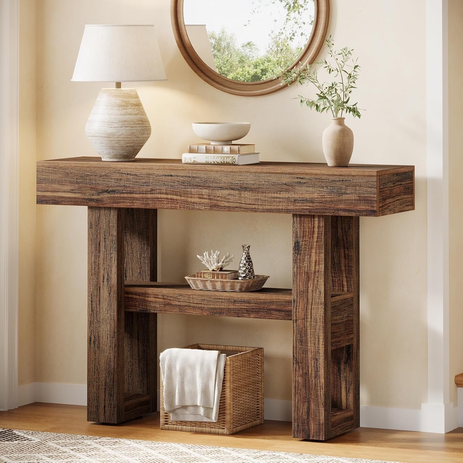 Tribesigns Farmhouse Smalle 2-laags consoletafel, Entreetable met opbergvakken