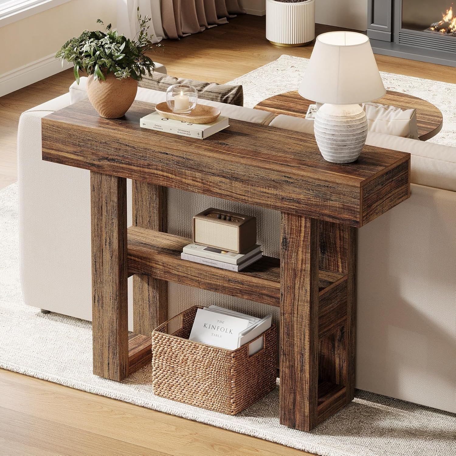 Tribesigns Farmhouse Smalle 2-laags consoletafel, Entreetable met opbergvakken
