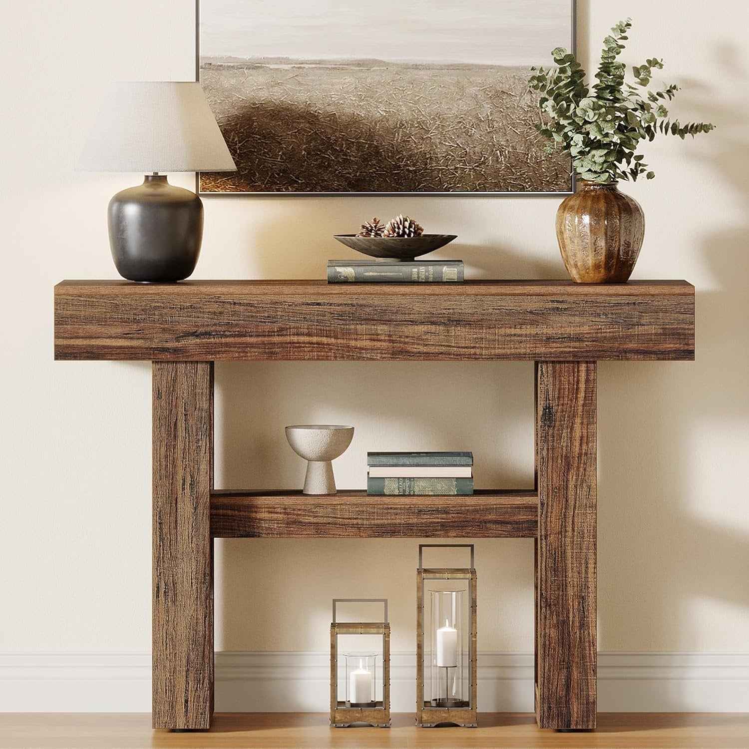 Tribesigns Farmhouse Smalle 2-laags consoletafel, Entreetable met opbergvakken