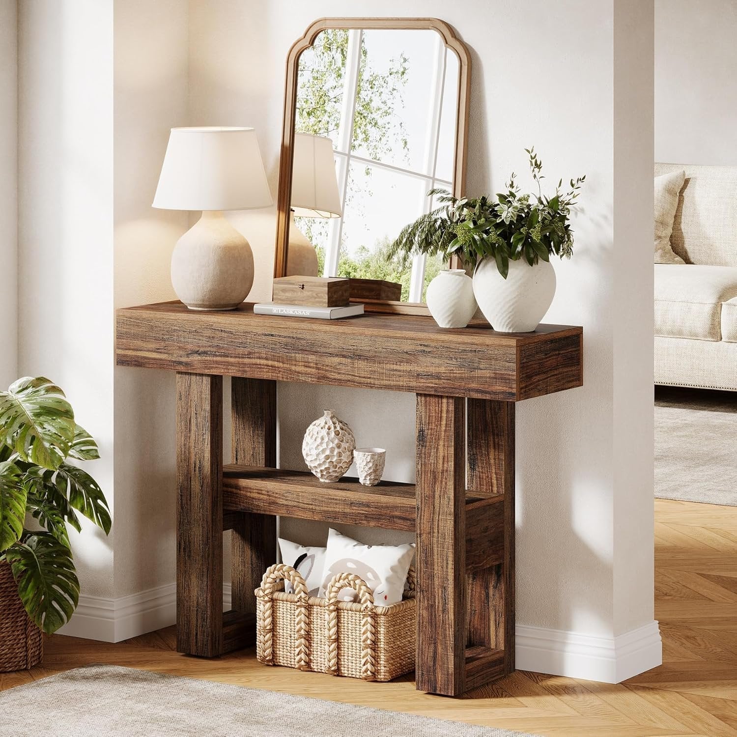 Tribesigns Farmhouse Smalle 2-laags consoletafel, Entreetable met opbergvakken