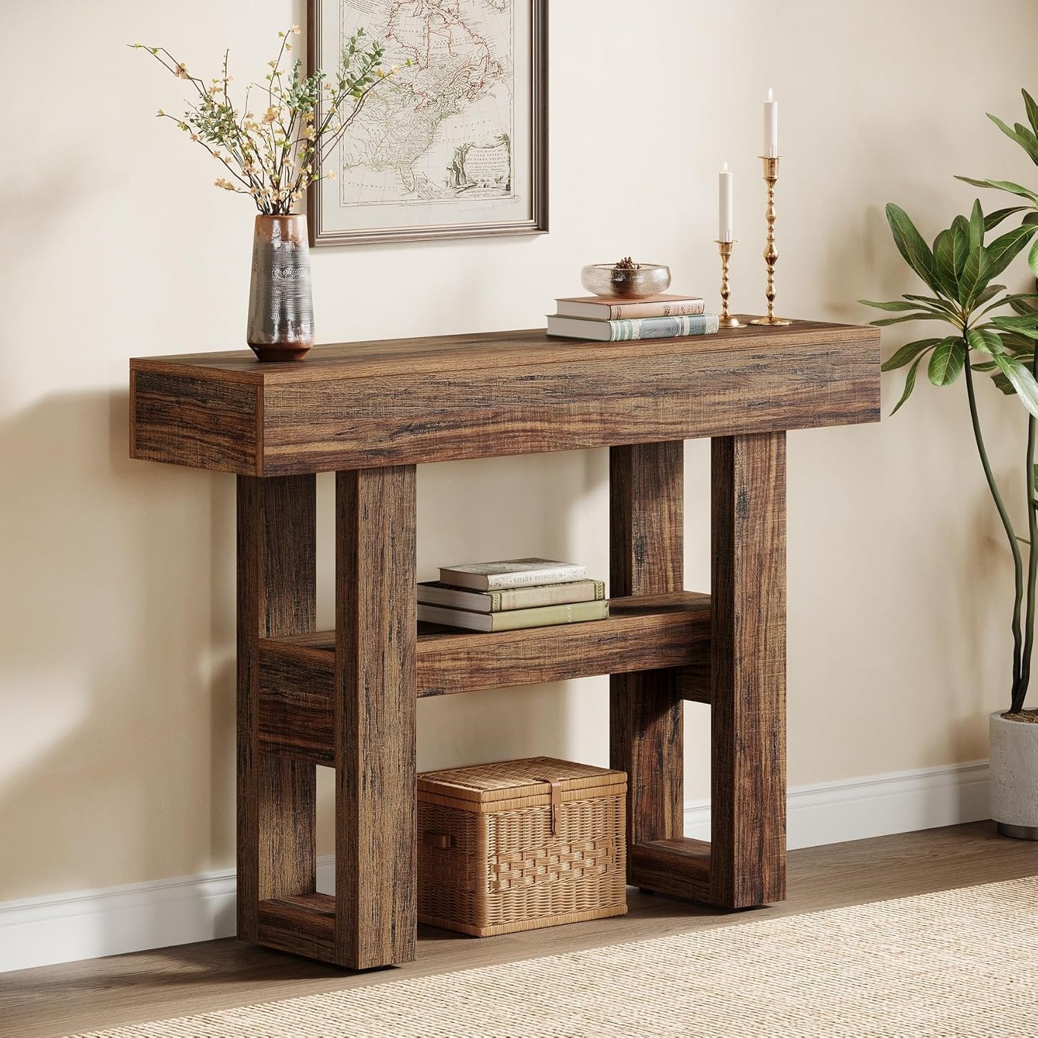 Tribesigns Farmhouse Smalle 2-laags consoletafel, Entreetable met opbergvakken