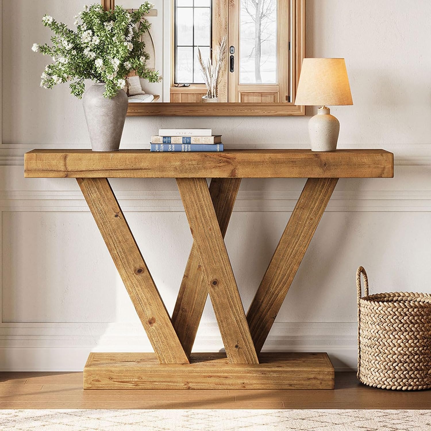 Tribesigns Massief houten wandtafel 120 cm met dubbele V-vormige basis voor woonkamer