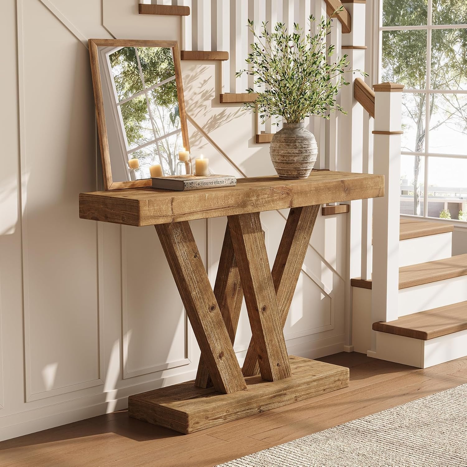 Tribesigns Massief houten wandtafel 120 cm met dubbele V-vormige basis voor woonkamer