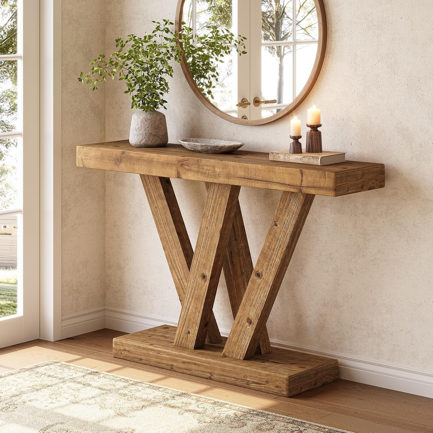 Tribesigns Massief houten wandtafel 120 cm met dubbele V-vormige basis voor woonkamer