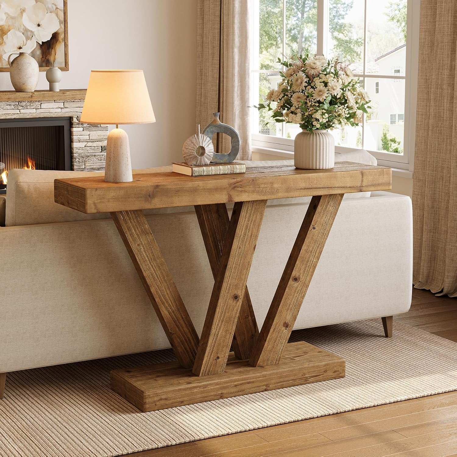 Tribesigns Massief houten wandtafel 120 cm met dubbele V-vormige basis voor woonkamer