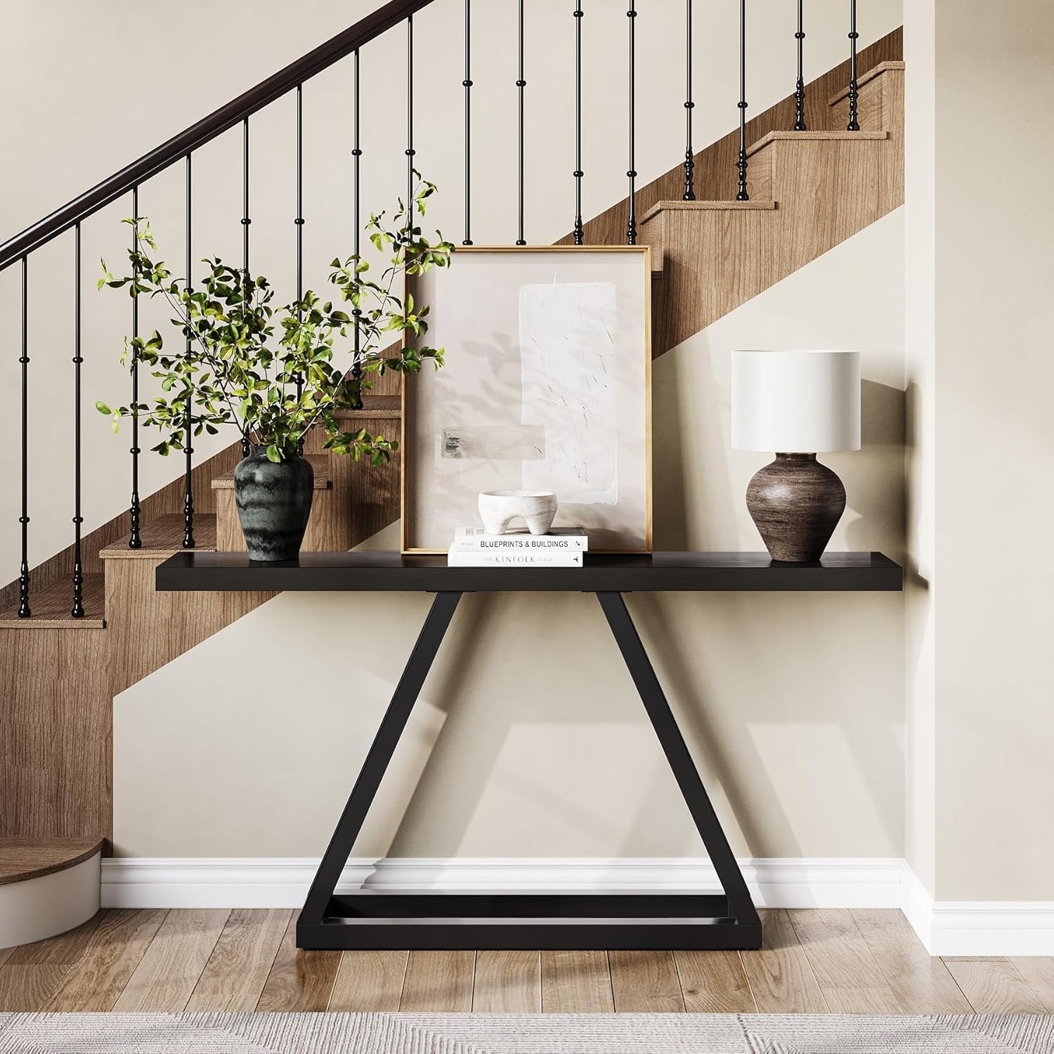 Tribesigns Console industrielle étroite de 160 cm, Table d'entrée moderne noire pour salon et hall d'entrée