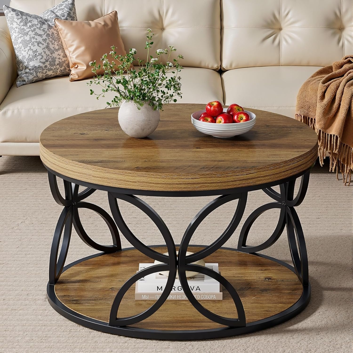Tribesigns Table basse ronde de 80 cm à 2 niveaux avec rangement