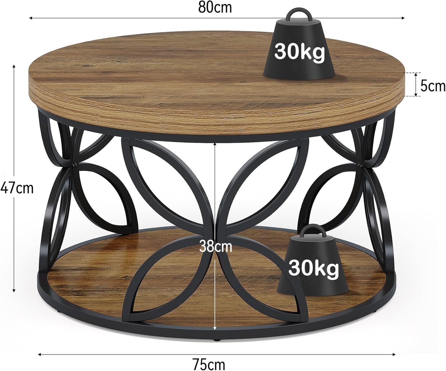 Tribesigns Table basse ronde de 80 cm à 2 niveaux avec rangement