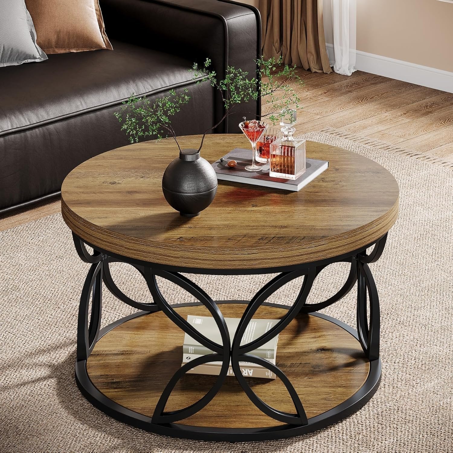Tribesigns Ronde Salontafel 80 cm met Opbergruimte, 2-Tier Woonkamertafel