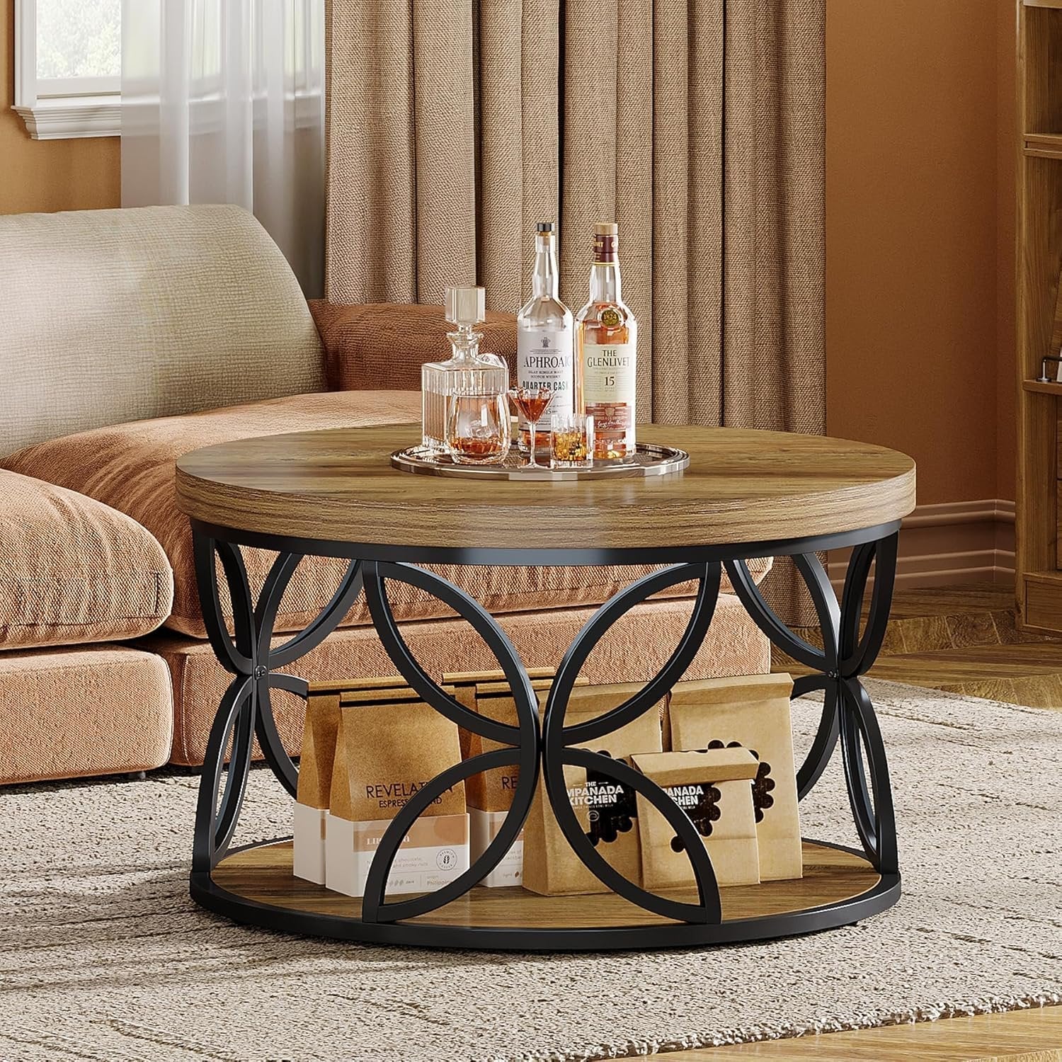 Tribesigns Table basse ronde de 80 cm à 2 niveaux avec rangement