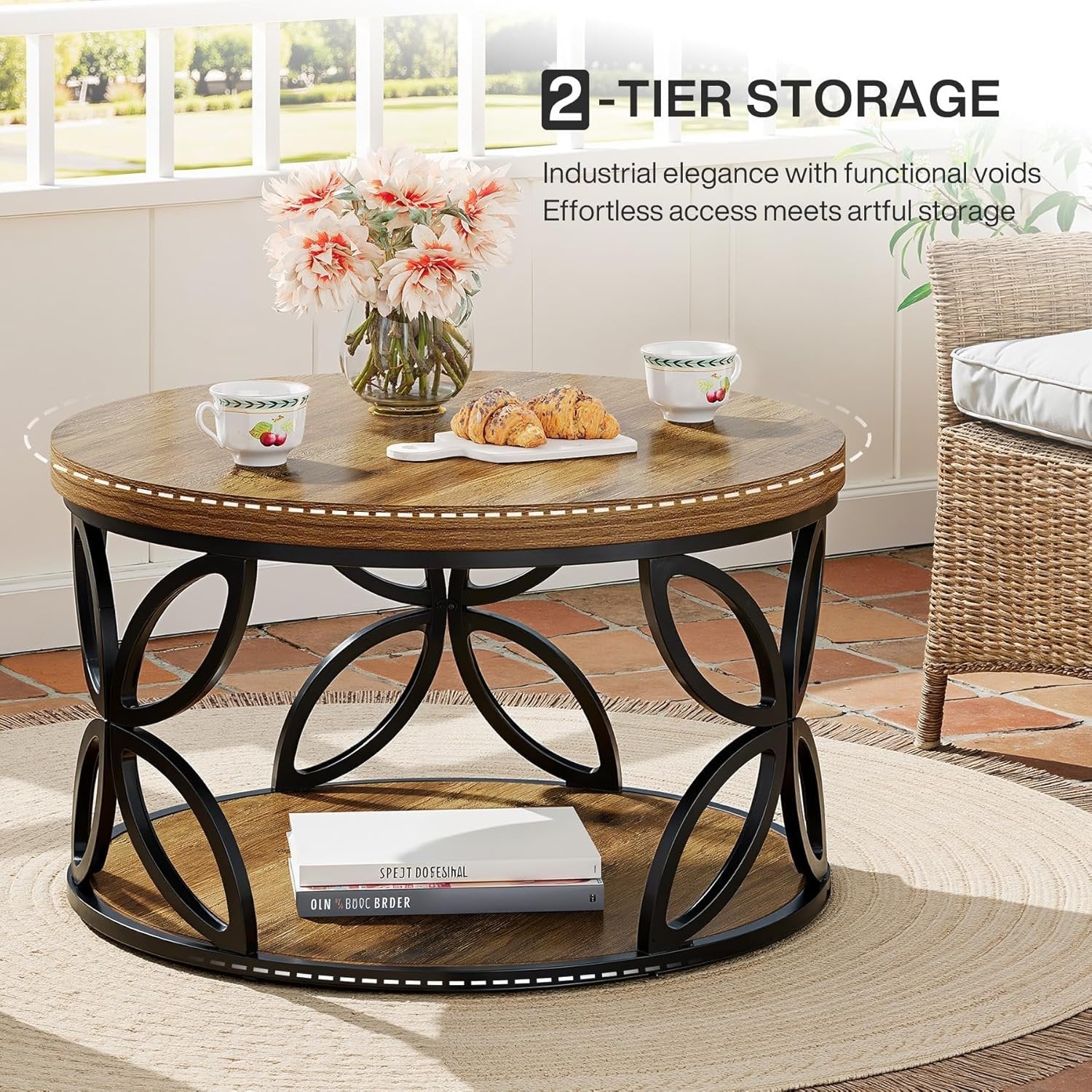 Tribesigns Ronde Salontafel 80 cm met Opbergruimte, 2-Tier Woonkamertafel