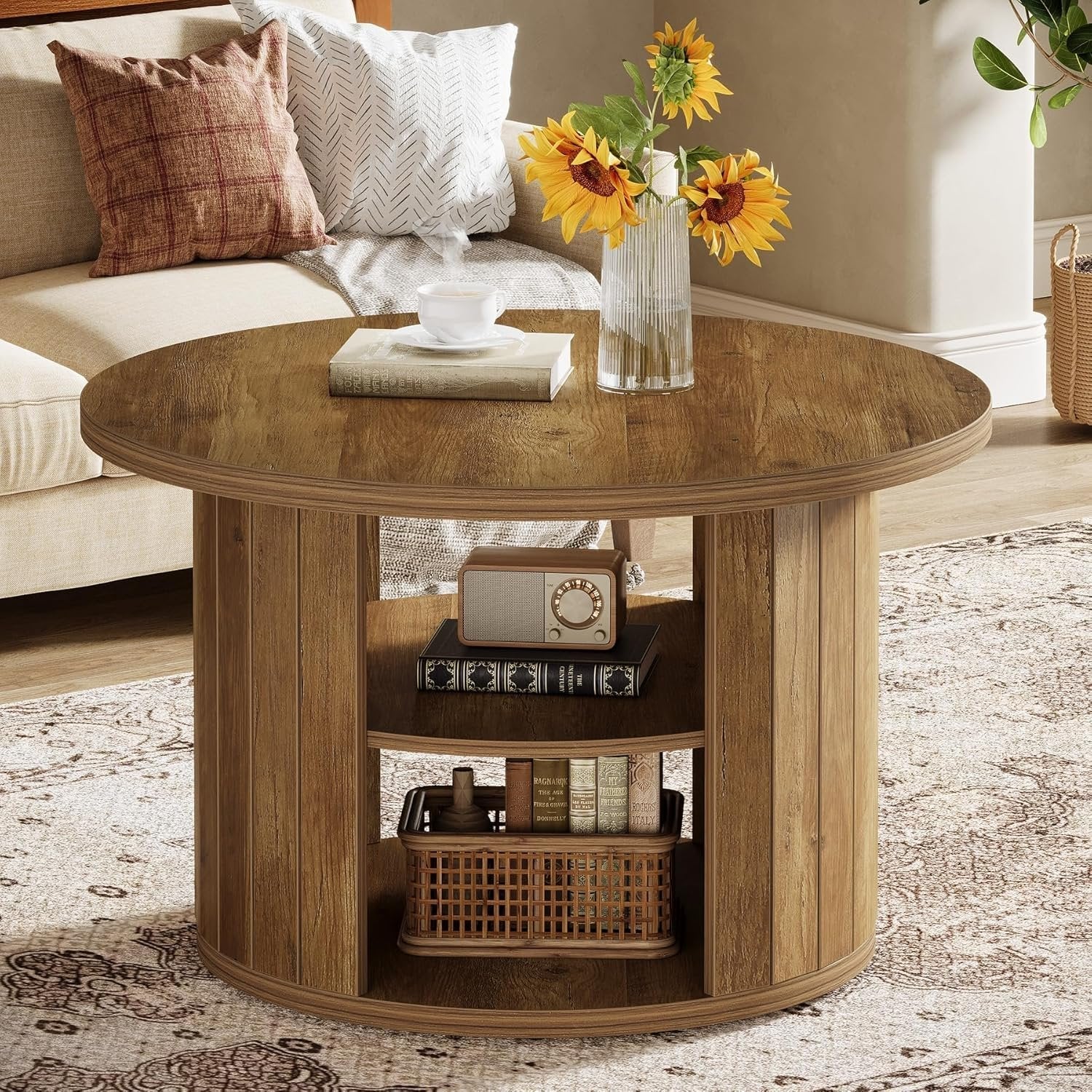 Tribesigns Table Basse Ronde, Table de Salon Circulaire à 2 Niveaux Petite Table Basse Bois